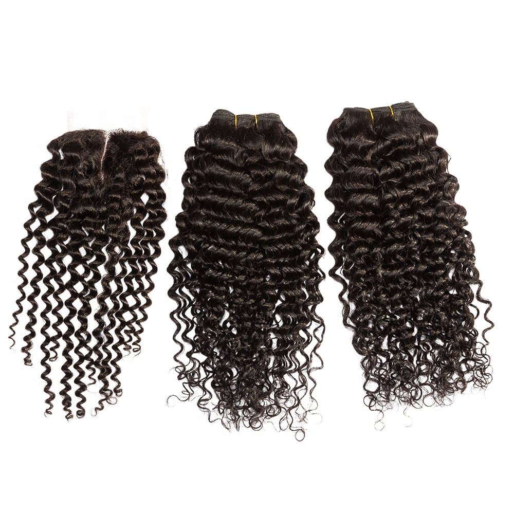 1688 Hair 100% Human Hair Weft Extension Brazilian Virgin Hair Natural Black 2 Bundles/lot with 1 Pc Curly Full Lace Top Closure 10 Inch Bleached Knots Middle Parting Way (4x4") (12"+14")