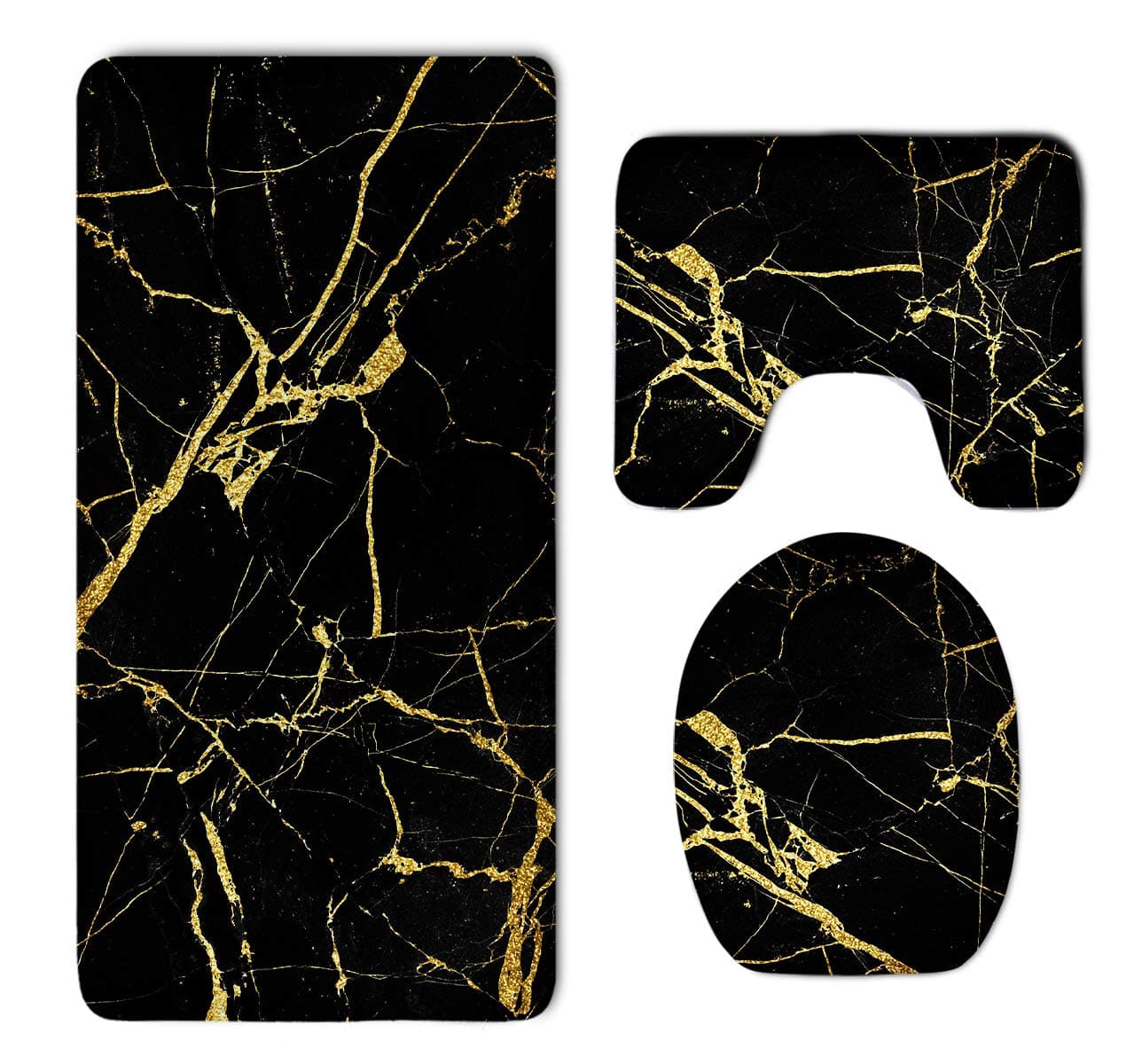 Gold and Black Marble Texture Bathroom 3-Piece Mat Sets Pedestal Mat+Lid Toilet Cover+Bath Mat Doormat Non-Slip Rug