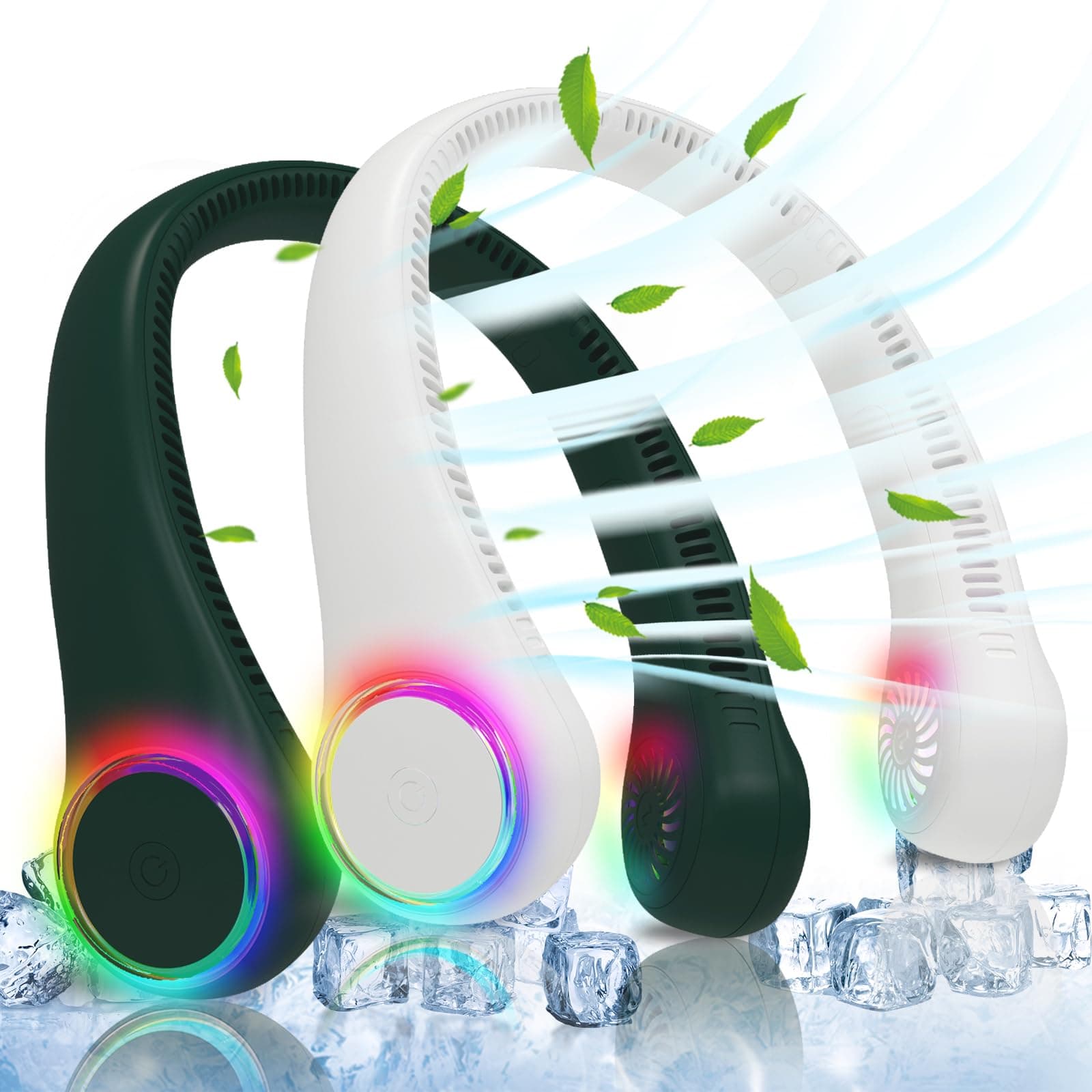 2 Packs Bladeless Portable Neck Fan - Rechargeable Hands Free USB Personal Fan Battery Operated with LED lights for Home Office Travel Indoor Outdoor