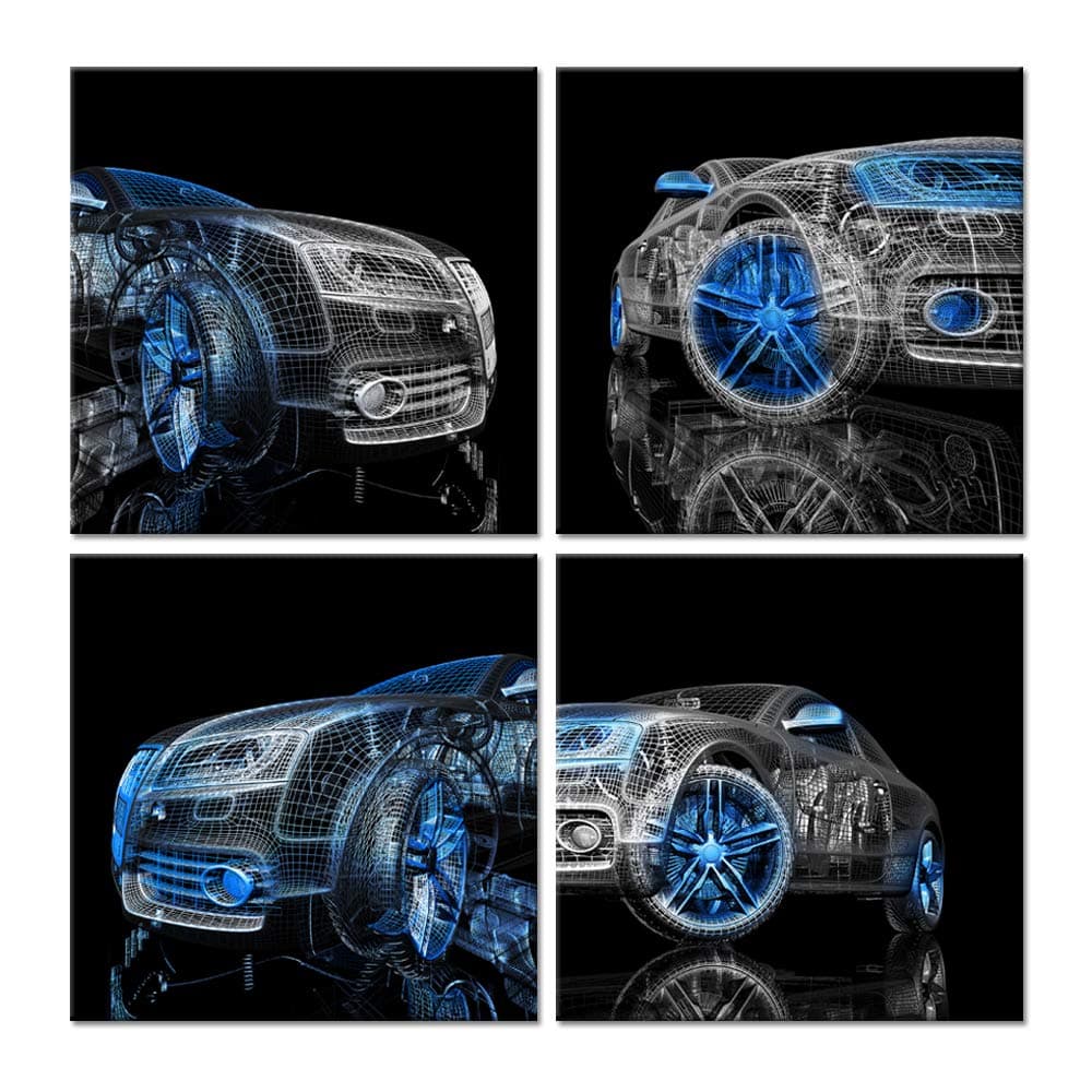 iHAPPYWALL4 Pieces Modern Car Canvas Wall Art Black and Blue 3D Car Model Cool Picture Print for Bedroom Boys Room Home Decor Ready To Hang 12x12inchx4pcs