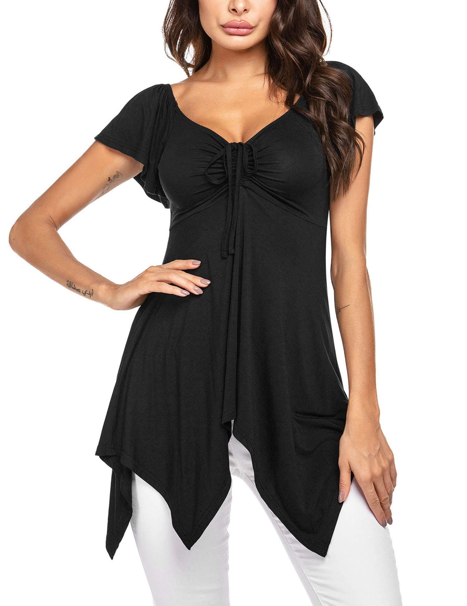 Meaneor Women's Low Cut Deep V-Neck Tunic High Low Asymmetric Slimming Top Black