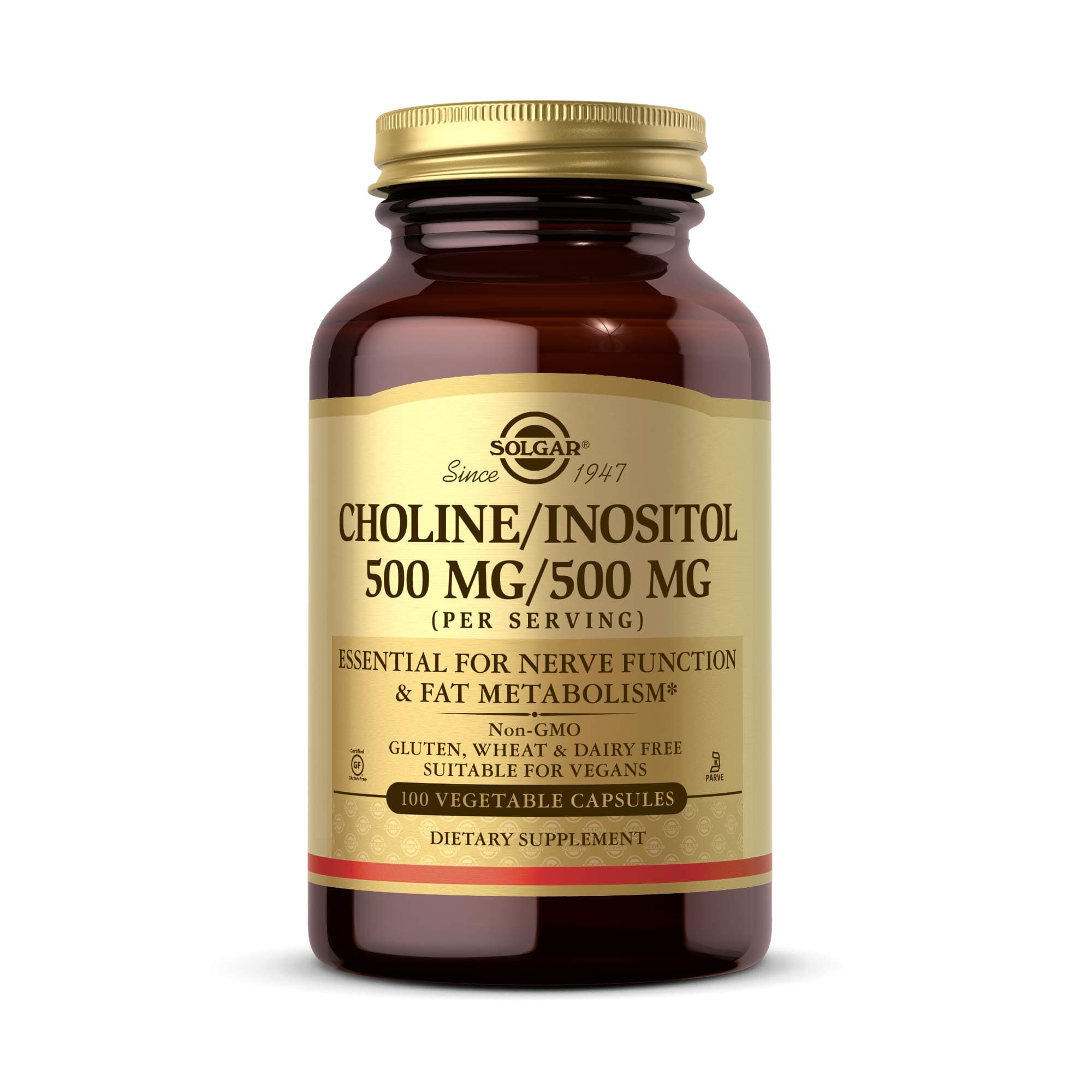 Choline/Inositol 500 mg/500 mg, 100 Vegetable Capsules - Energy Metabolism, Liver Health, Essential for Brain & Nerve Function - Non-GMO, Vegan, Gluten Free, Dairy Free, Kosher - 50 Servings