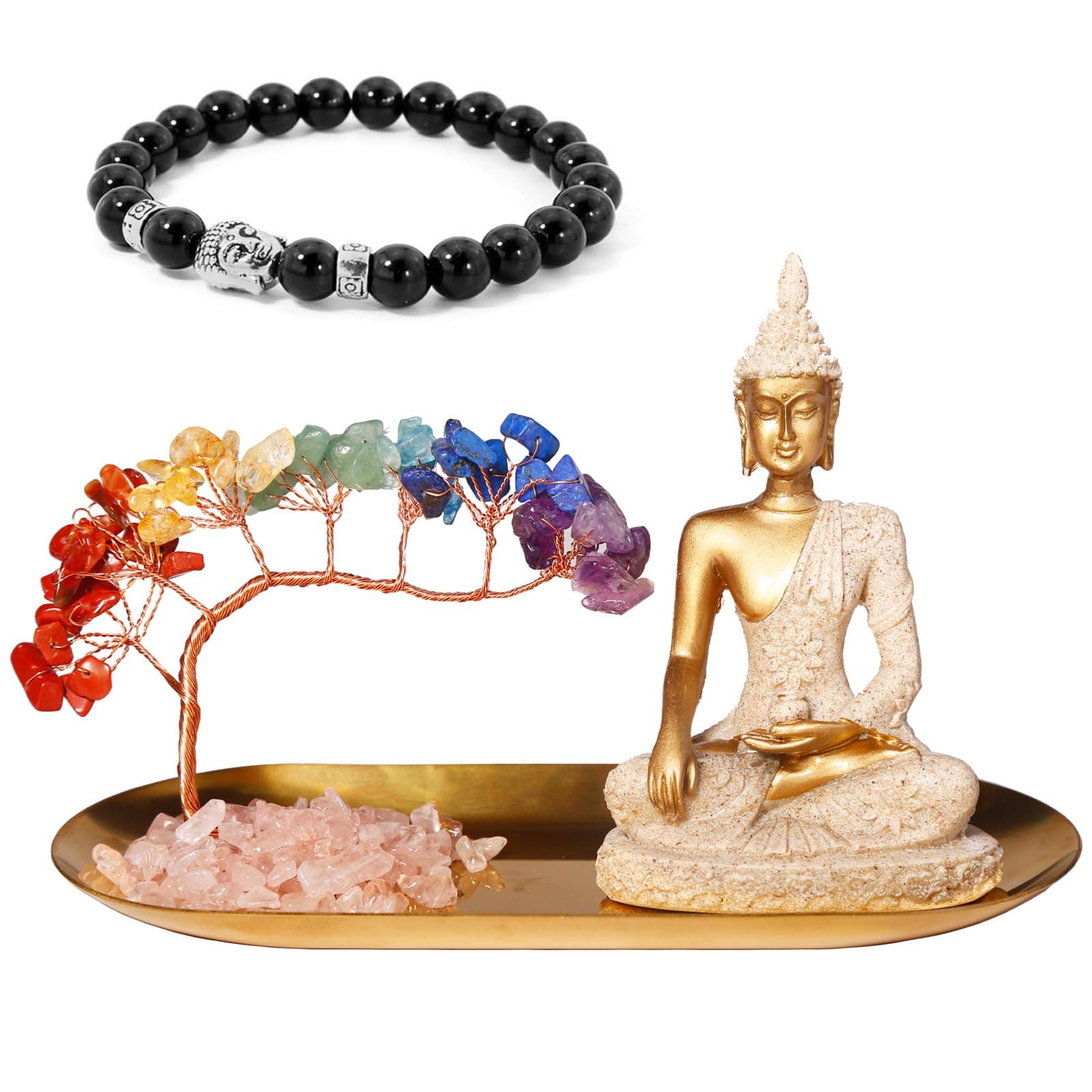 Buddha Statue and Crystal Tree, Yoga Meditation and Zen Decor, Sitting Statue of Sakyamuni in Thailand(4.3 in), for Office, Desktop, Spirit Room Home Decor