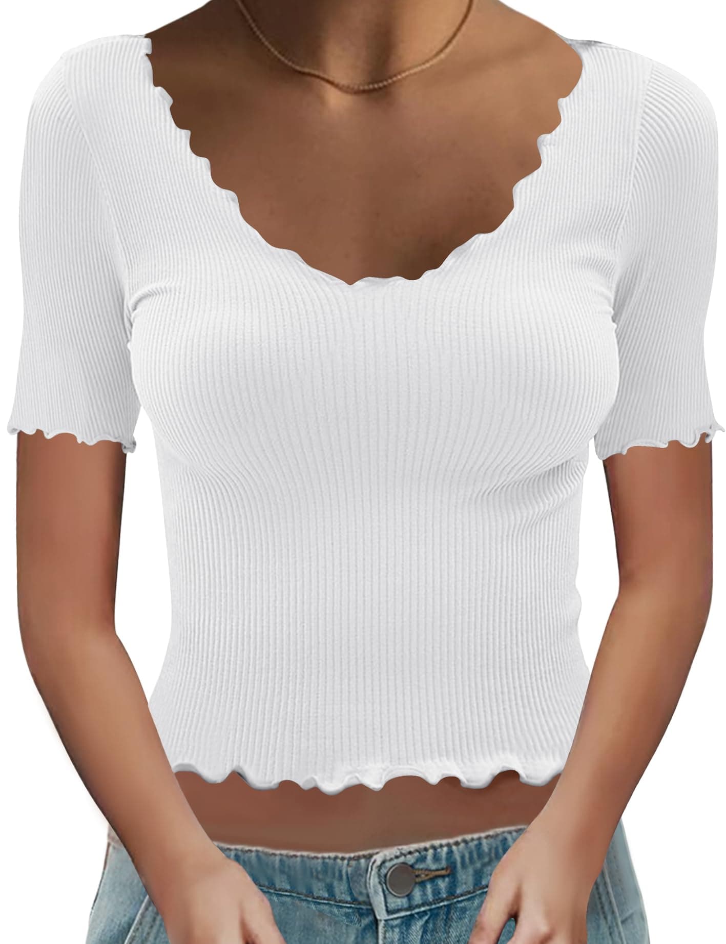 KTILG Womens Short Sleeve Crop Tops Ribbed Knit Scoop Neck Basic Fitted Ruffled Lettuce Trim Slim Summer Shirts