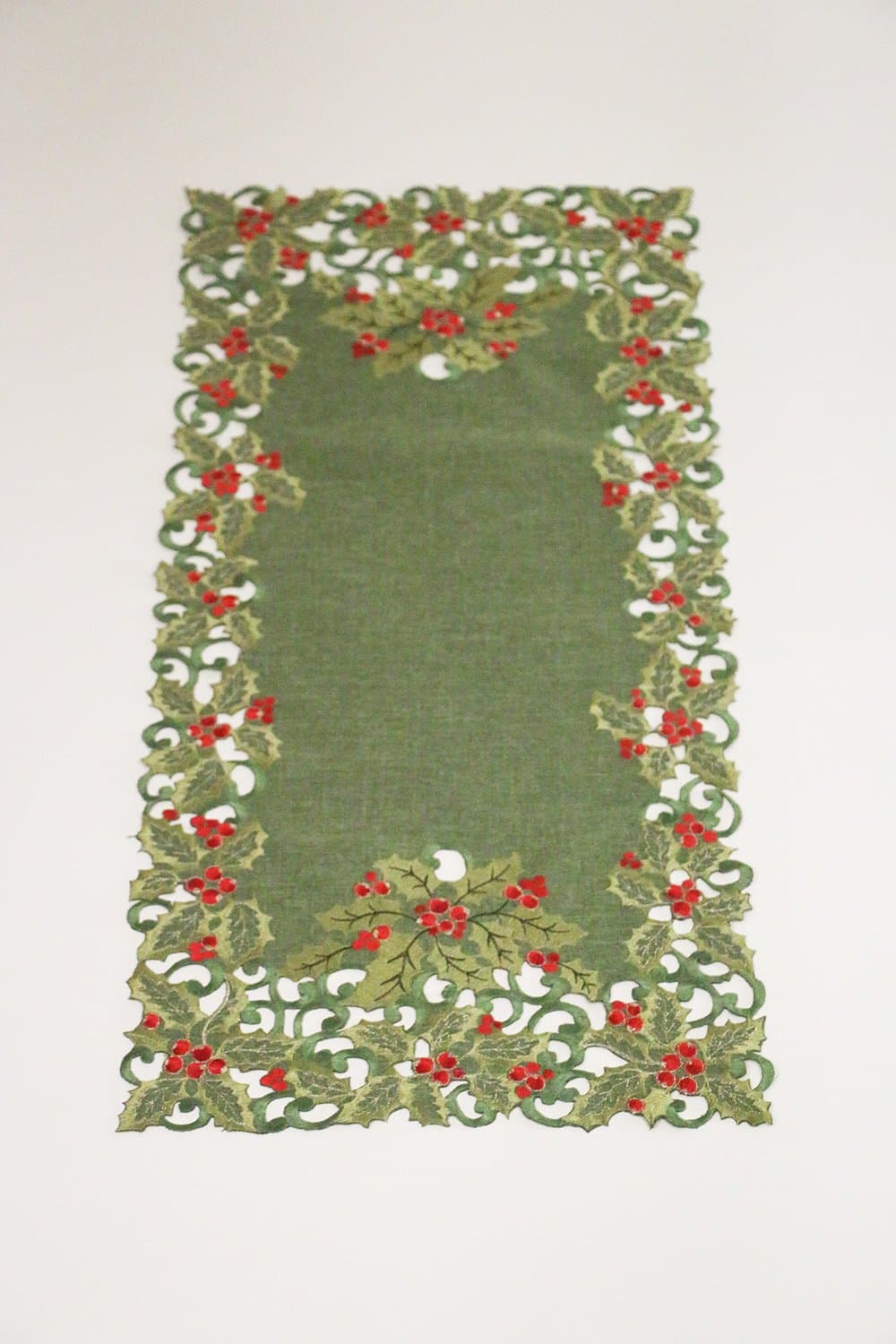 Embroidered Holly Berry Linen Look Christmas Table Runner Gift Centerpiece – 36” Cutwork Home Decor - Holiday Parties, Entertainment