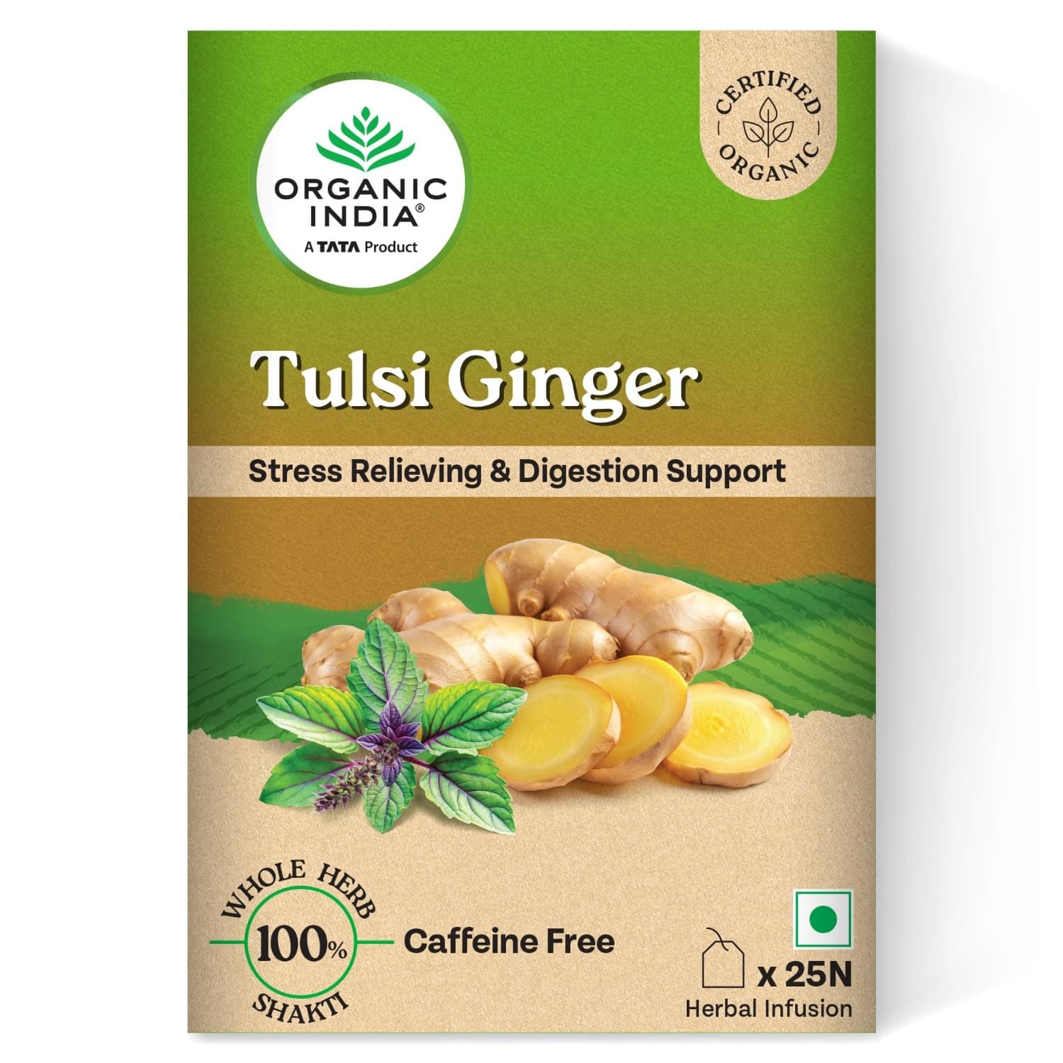 A TATA Product - Organic India Tulsi Ginger - 25 Tea Bags, Rich in Antioxidants, Supports Digestion, Stress Relieving, Helps Boost Metabolism, Caffeine-Free, Whole Herbs Certified Organic