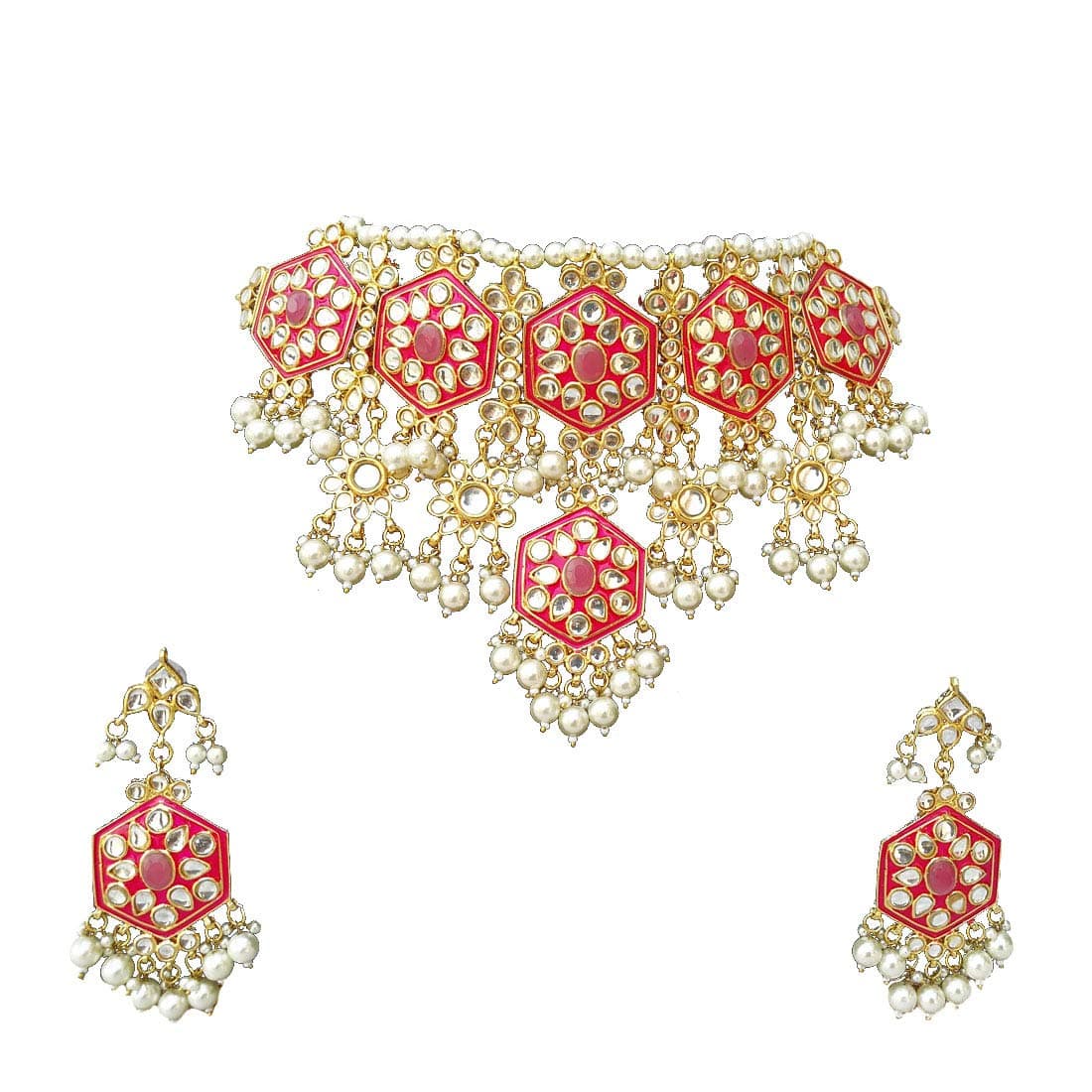 Finekraft Meena Kundan Bridal Wedding Designer Gold Plated Pearls Necklace Jewelry Set