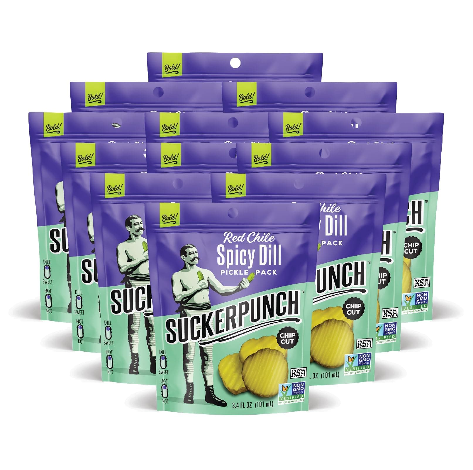 Red Chile Spicy Dill Pickle Chips, Hot, Spicy Gluten Free Pickles, Sugar Free, Low Calorie, Kosher, Fresh Pickle Chips, Non GMO, Keto Friendly, Vegan, 3.4 FL Oz, Snack Pouches (12 Pack)