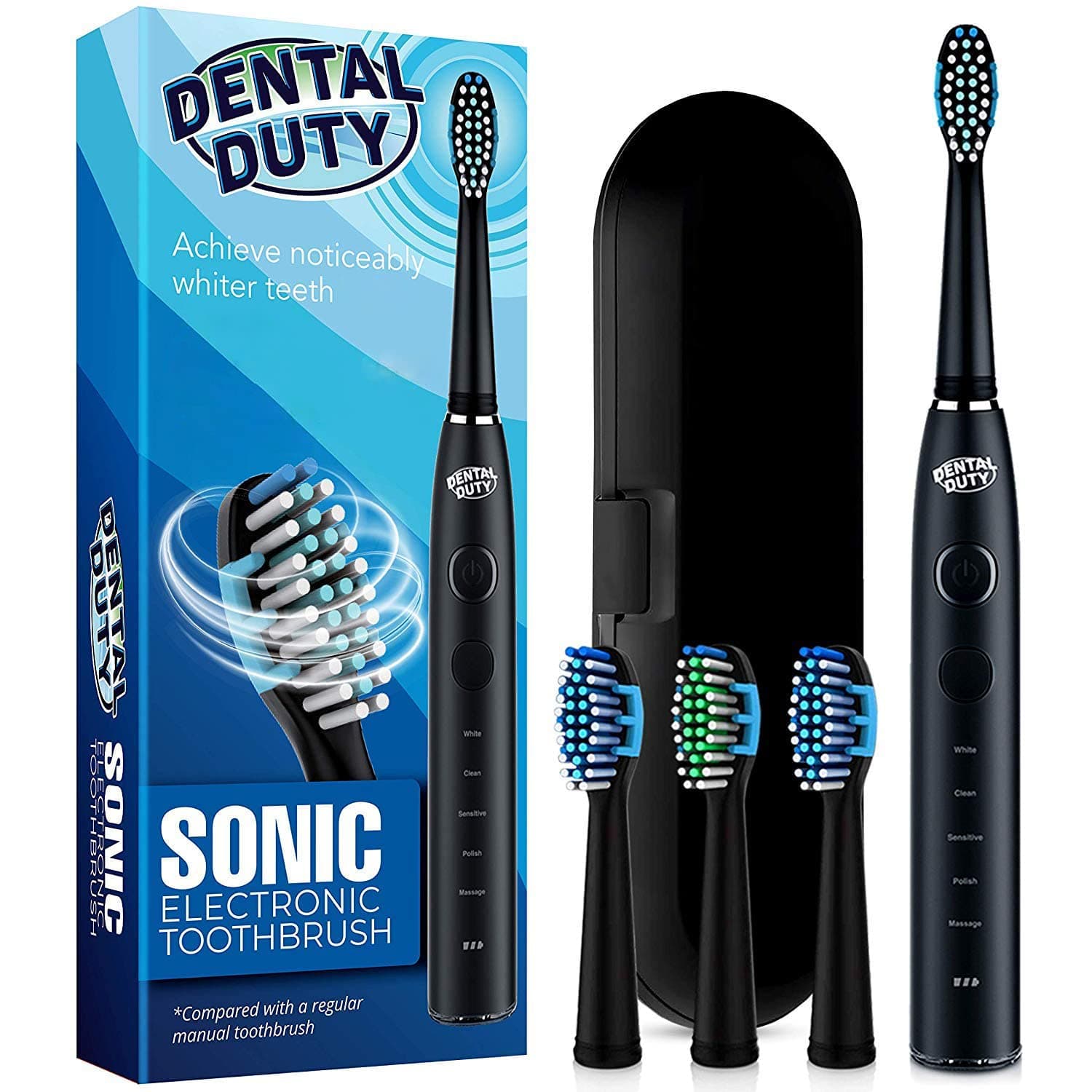 Sonic Electric Toothbrush- Electronic Black Toothbrush w/Replacement Brush Heads & Travel Case, 5 Modes, Dentist Recommended, Rechargeable w/Smart Timer, Best Ultra Whitening Toothbrushes for Adults.
