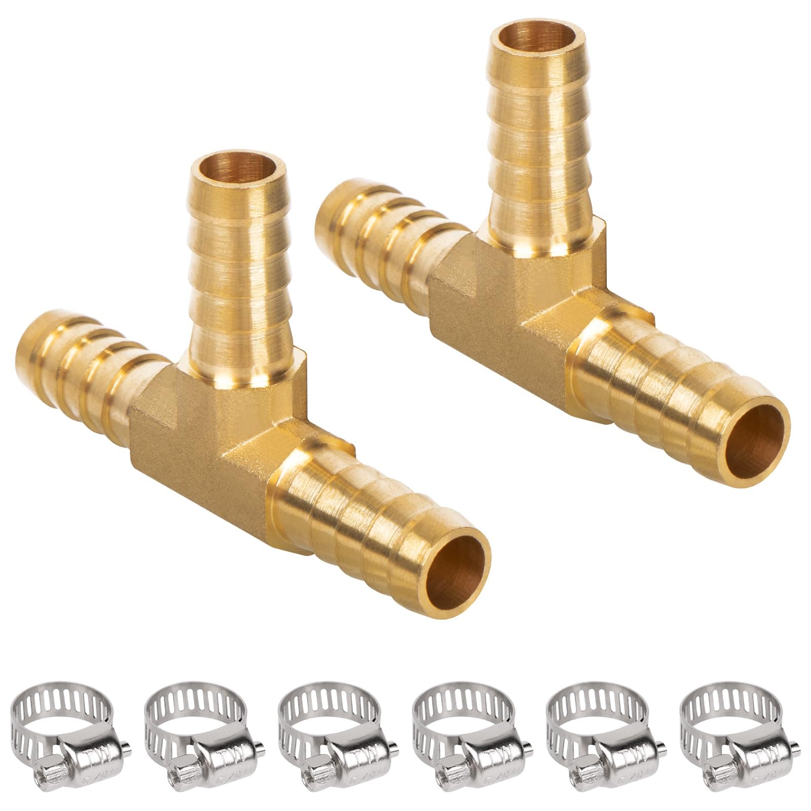 1/4" Hose Barb Tee, Brass Barb Fitting for Fuel, Air, Oil, 6 Clamps Included (2-Pack)
