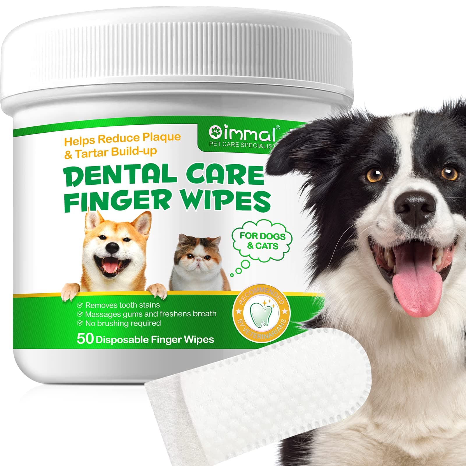 Oimmal 50Pcs Teeth Cleaning Wipes for Dogs & Cats, Dog Breath Freshener Dental Finger Wipes, Dog Dental Care Wipes Helps Wipe Away Plaque & Tartar - Freshens Breath, No-Rinse Dog Finger Toothbrush