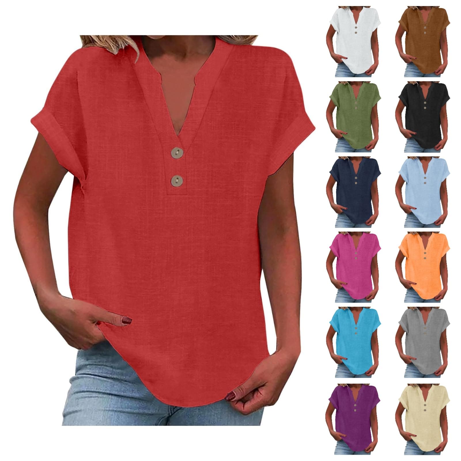 DroeadgorWomens Cotton Linen Shirts Summer Casual Loose Fit Comfy Business Blouses V Neck Button Down Short Sleeve Tops