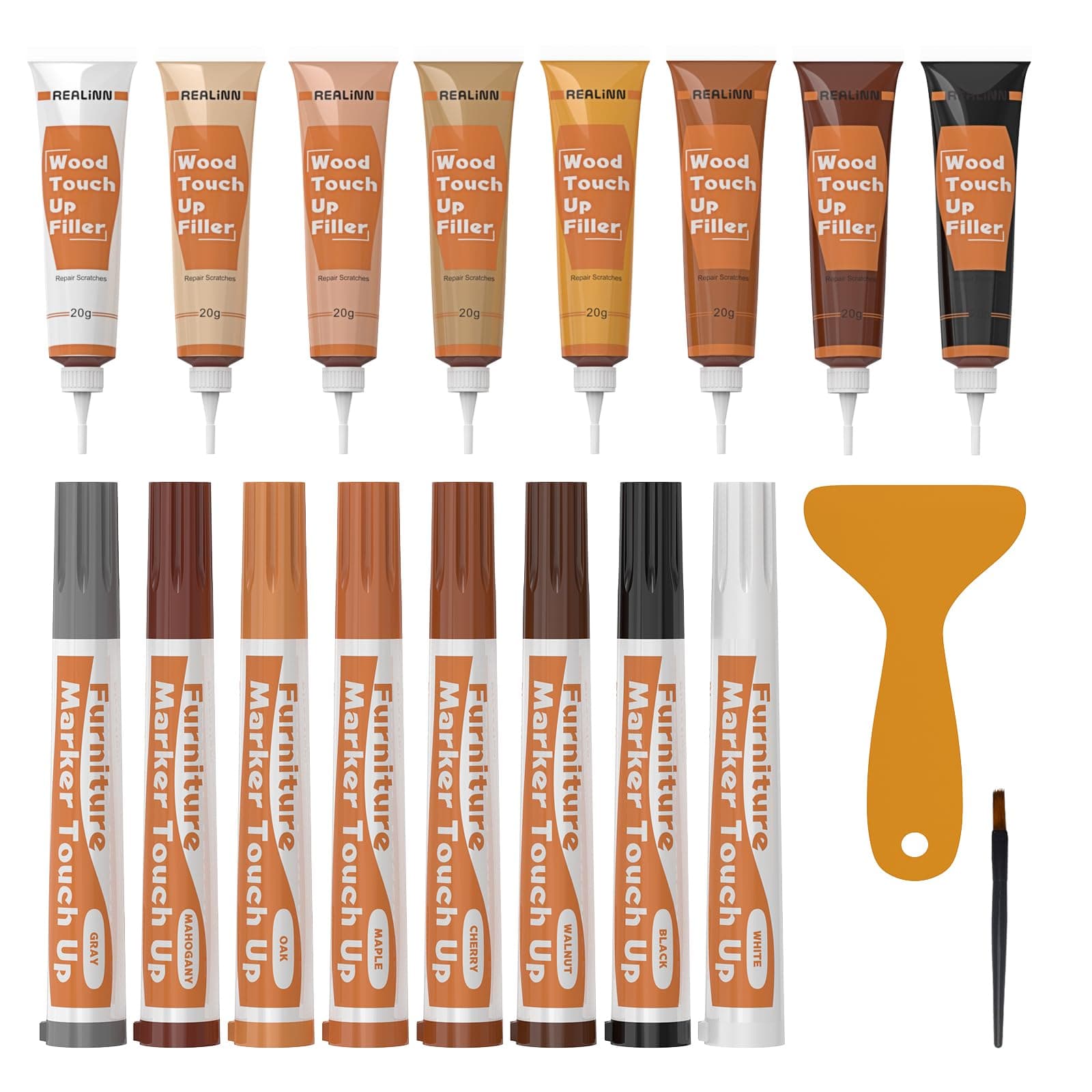 REALINN Wood Furniture Repair Kit 8 Light Colors- Wood Fillers and Touch Up Markers, Repair Scratch, Cracks, Discoloration for Wooden Door, Floor, Table, Cabinet