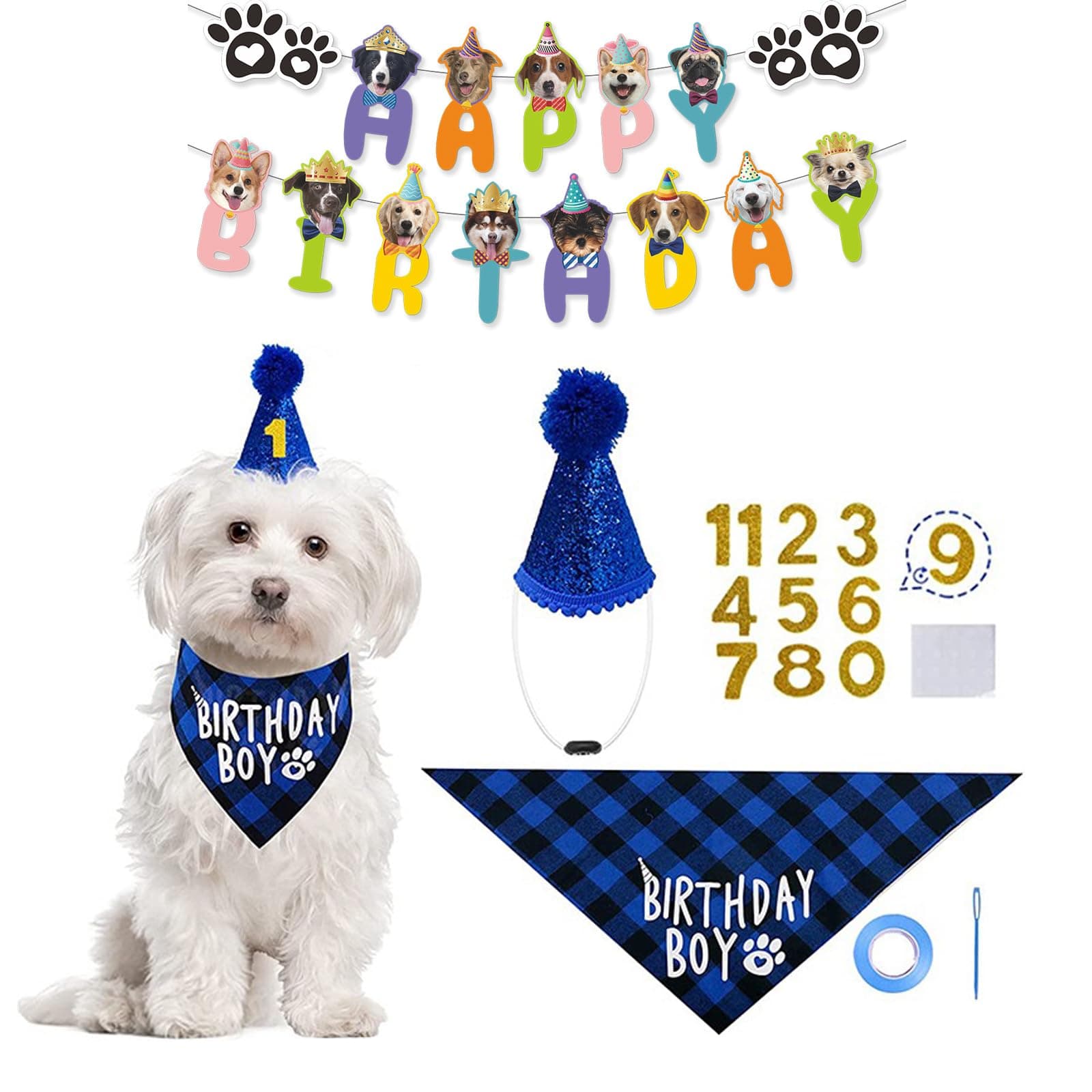 AgirlvctDog Boy Birthday Party Supplies,Birthday Hat, Bandana, Banner,Puppy Pet Theme Birthday Decorations Suit for Golden Doodle Teddy Husky Labrador((3 PCS Blue)
