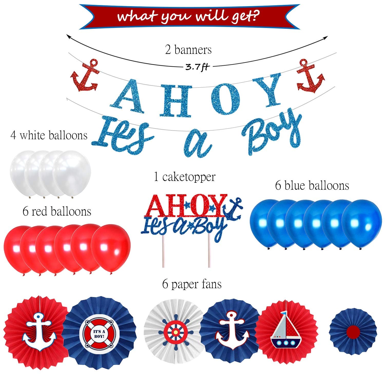 Nautical Baby Shower Decorations for Boy, Ahoy Its A Boy Baby Shower Decorations Party Supplies Kit by Homond, Unique Nautical Themed Paper Fans Cake topper.