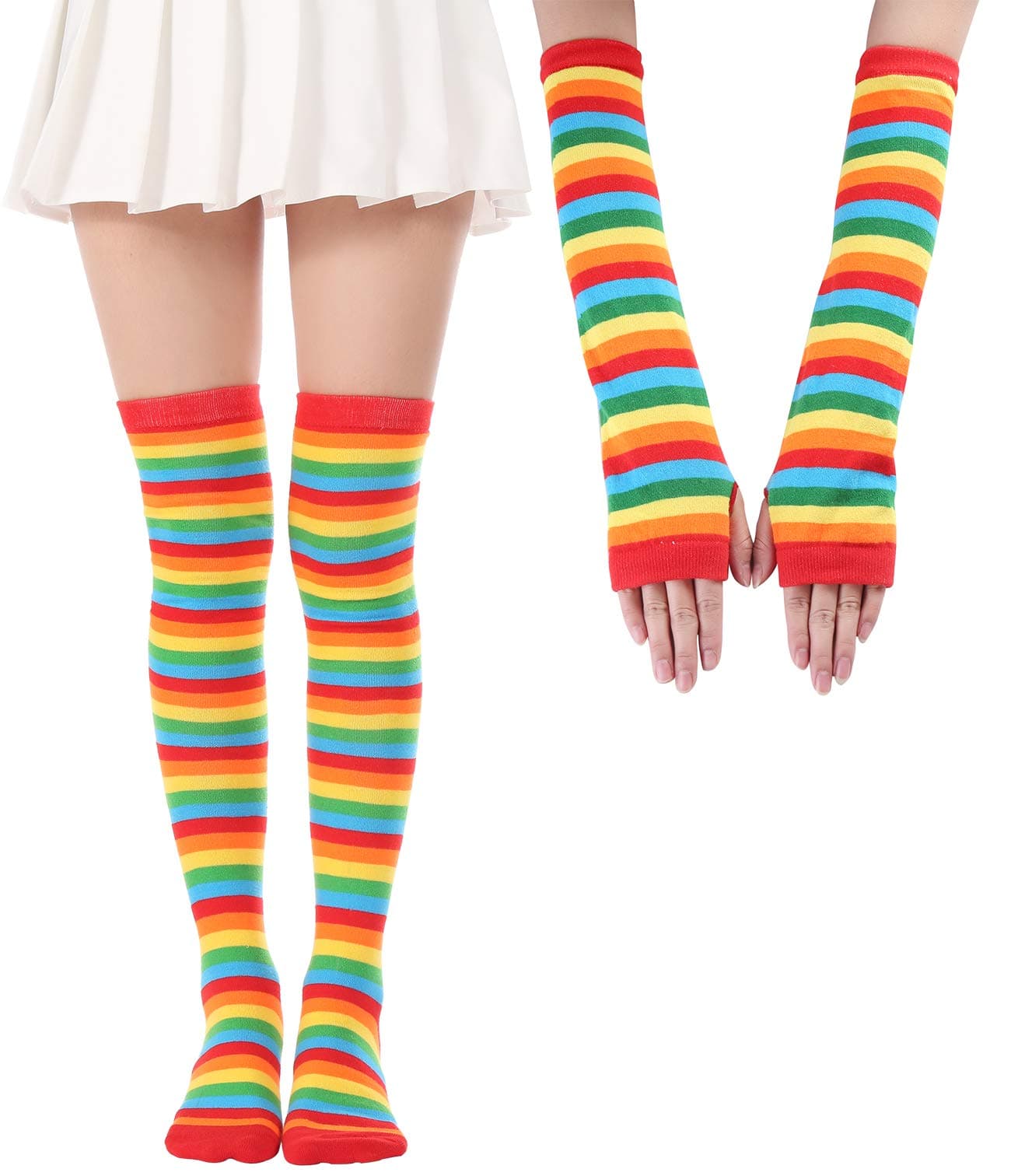 Over Knee Long Sock Striped Mardi Gras Socks St. Patrick's Day Stockings (Rainbow Gloves Socks Sets)