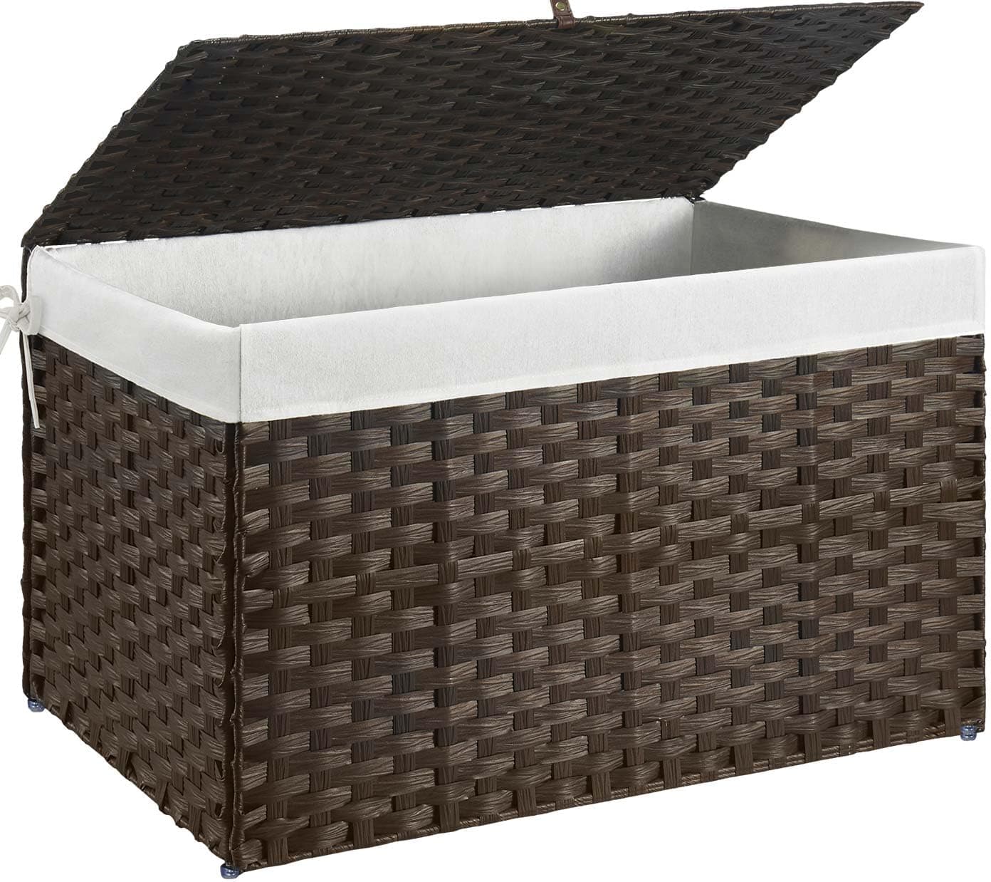 GREENSTELL Storage Basket with Lid, 42.3 Gallon(160L) Lagre Wicker Blanket Storage Basket with Handles, Foldable, 2 Removable Liner Bags, Metal Frame, for Bedroom, Laundry Room, Brown, 30"*18.1"*18.1"