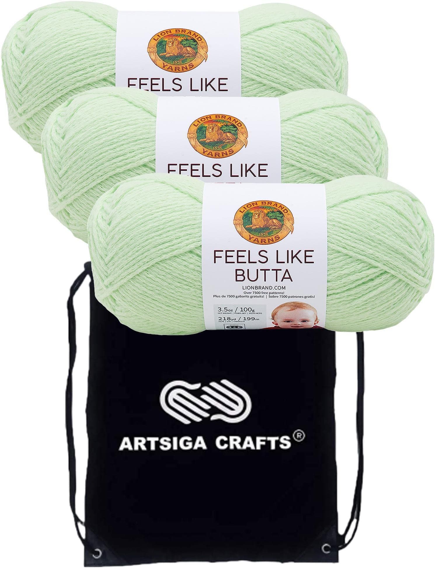 Lion Brand Feels Like Butta Mint 215-156 (3-Skeins - Same Dye Lot) Worsted Medium #4 Polyester Yarn for Crocheting and Knitting with Project Bag