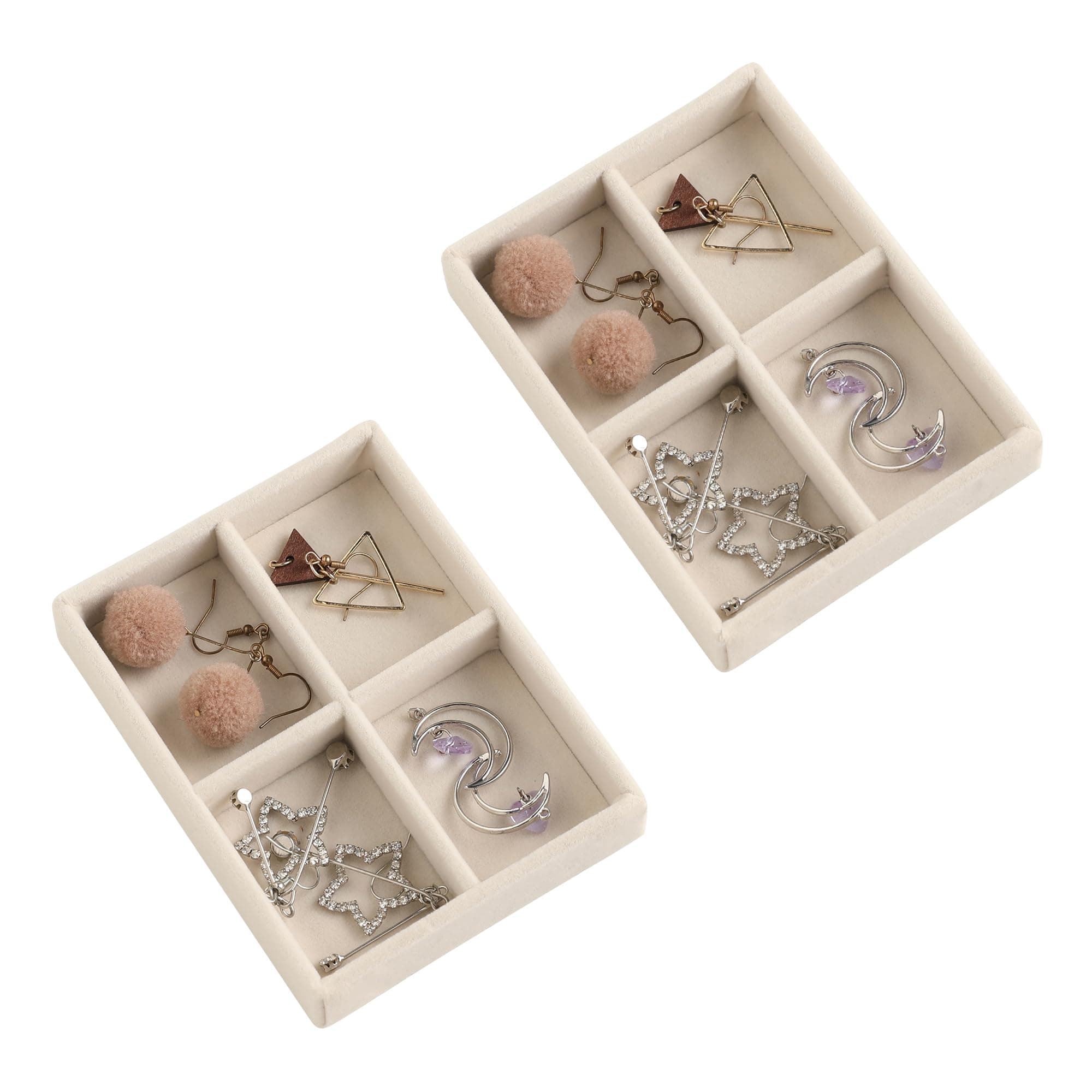 Frebeauty Small Jewelry Tray Set,Stackable Velvet Jewelry Organizer Tray,Mini Jewelry Drawer Organizer,Drawer Inserts,4.92 x 3.74 x 0.9 Inches,4 Grid Earring Organizer for Women(Set 2,Beige)