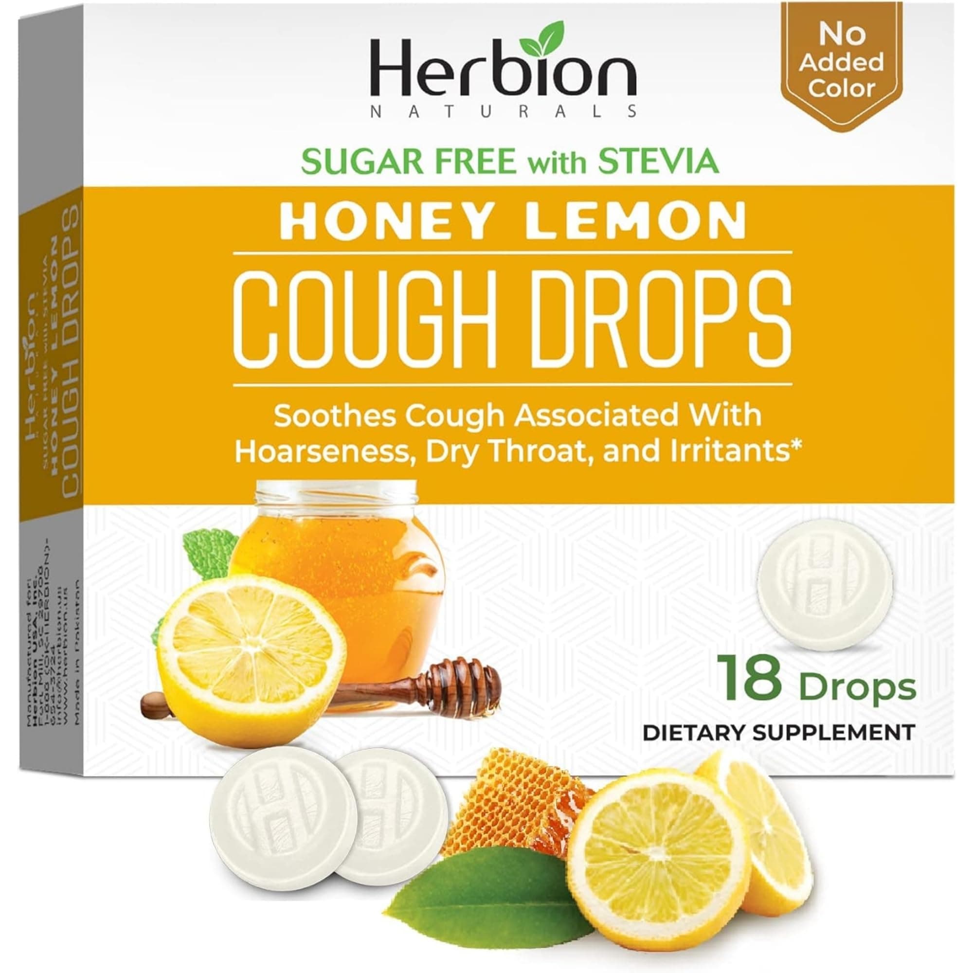 HERBION Naturals Cough Drops, Sugar-Free with Stevia, Dietary Supplement, Soothes Cough, for Adults & Children Over 6 Years, 25 Drops Each (18 Count (Pack of 1), Honey Lemon)