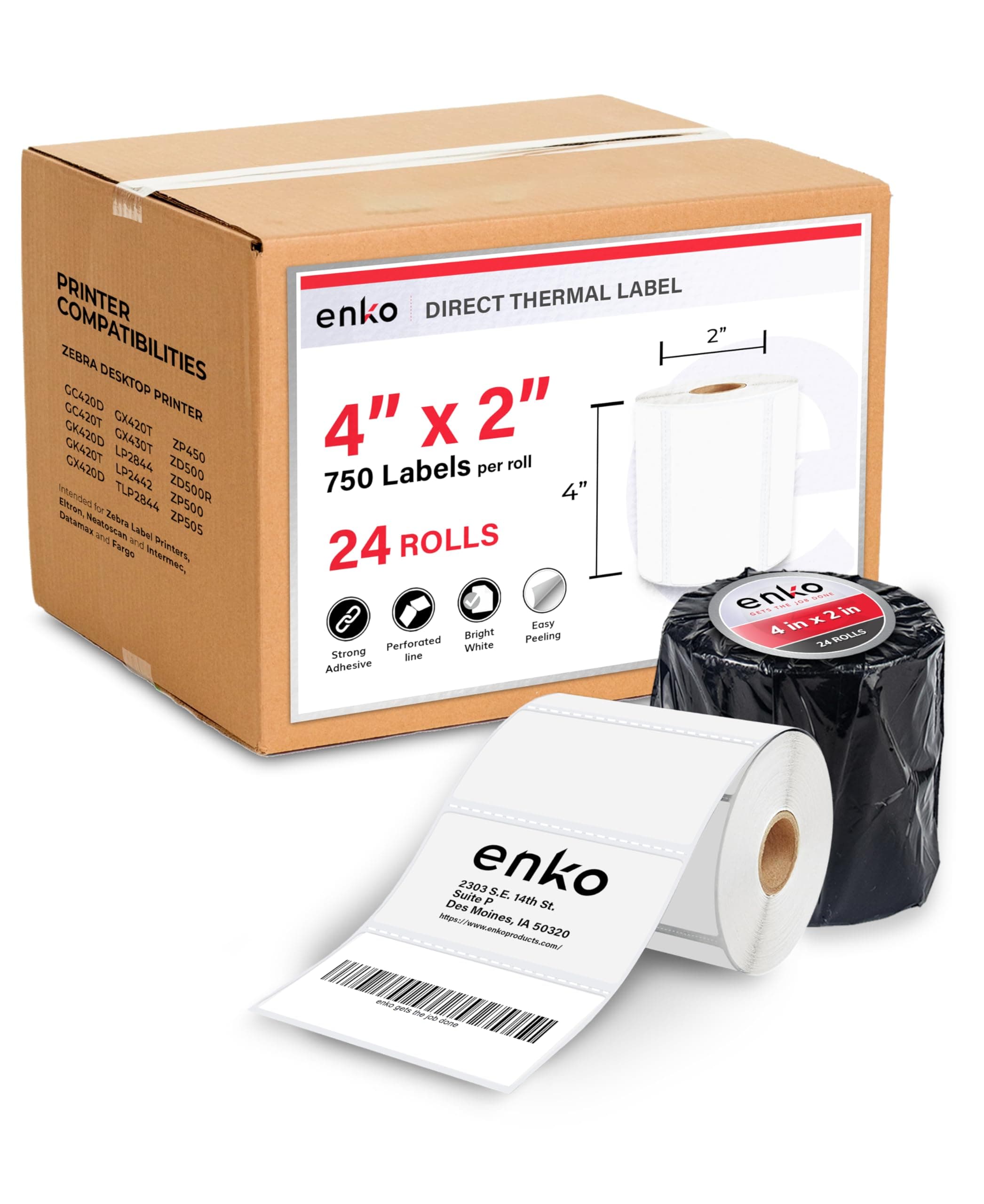 enKo 4" x 2" Labels for Zebra Desktop Printers (24 Rolls | 18,000 Labels) - Direct Thermal Address Mailing Shipping Barcode FBA Stickers FNSKU Label for Zebra and Eltron (Perforated)