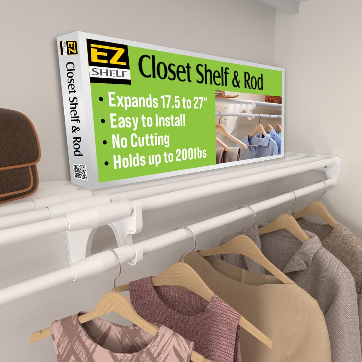 EZ Shelf - Hanging Shelf - Closet Rod - Expands 17.5-27” - White, Closet Shelves - Strong, Holds 200 lbs - DIY, Easy Install - to 2 Side Walls - Alternative to Wire Shelving