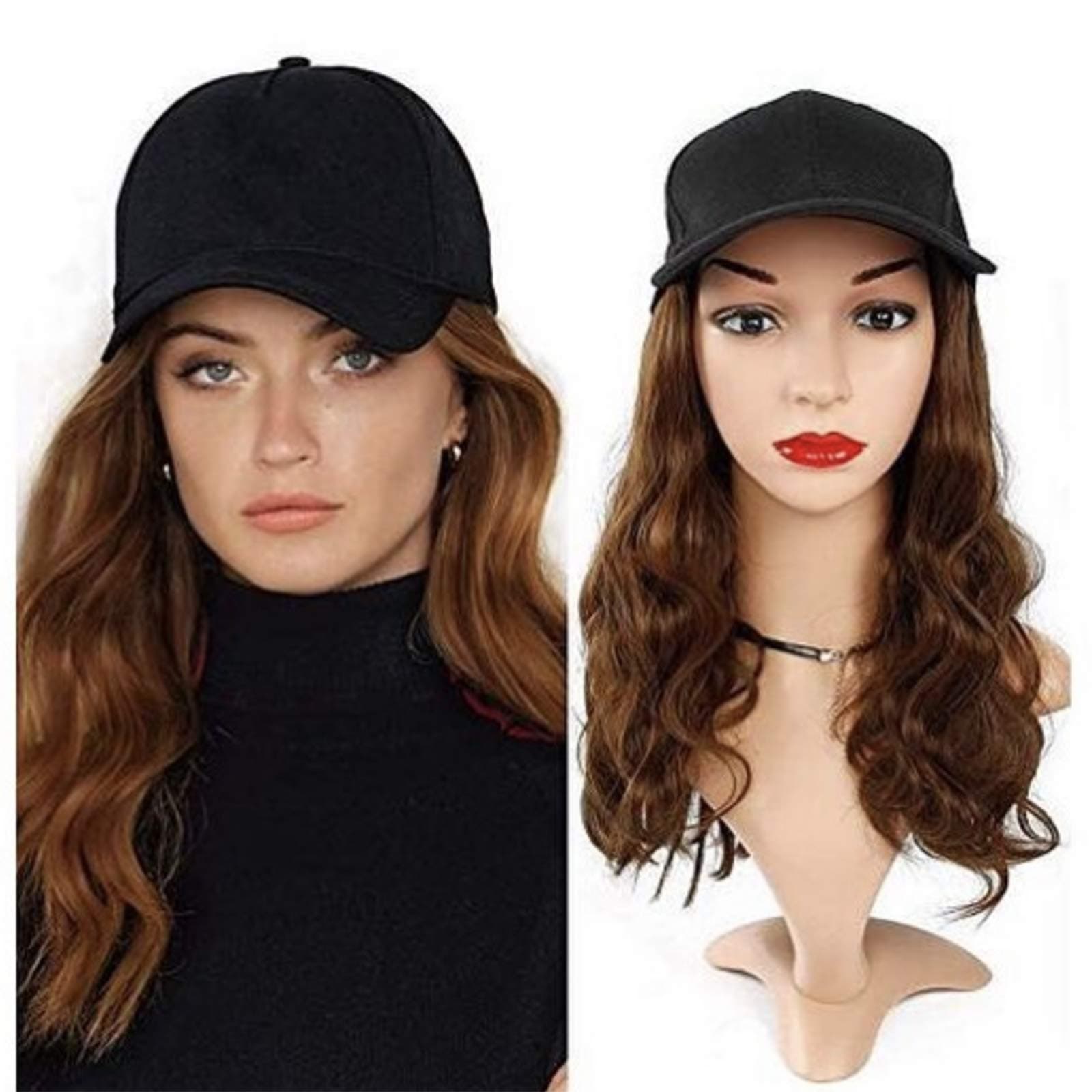 Baseball Cap Wig with Hair Extensions Blonde Synthetic Wave Wig Hat for Women Adjustable Black Baseball Hat