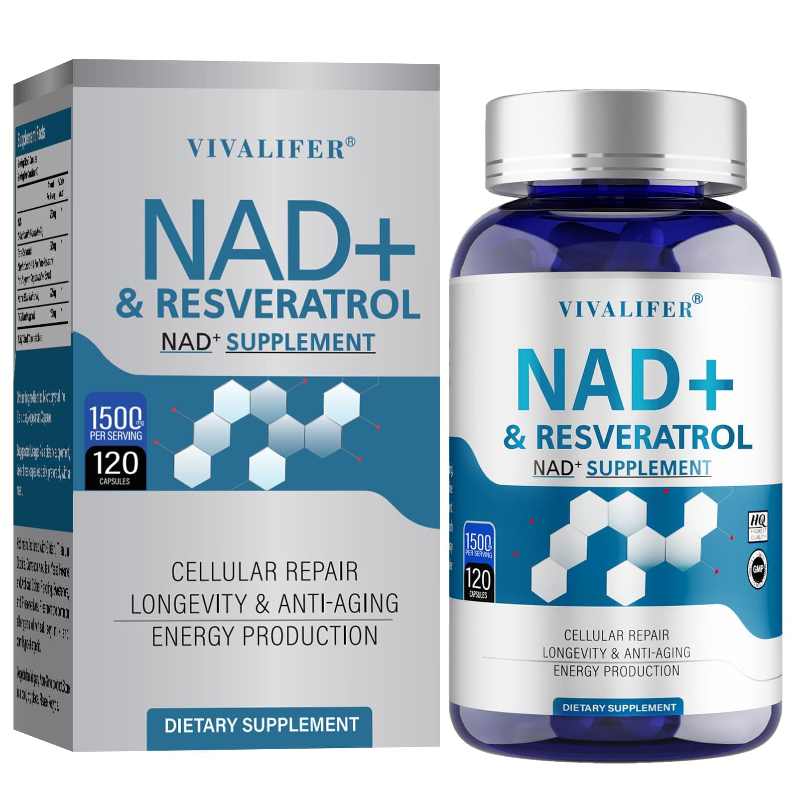 NAD+ Supplement 1500 mg - 120 Capsules High Purity NAD+ & Resveratrol, NMN Supplement Alternative for Anti-Aging, Antioxidant Support, Energy & Focus Boost