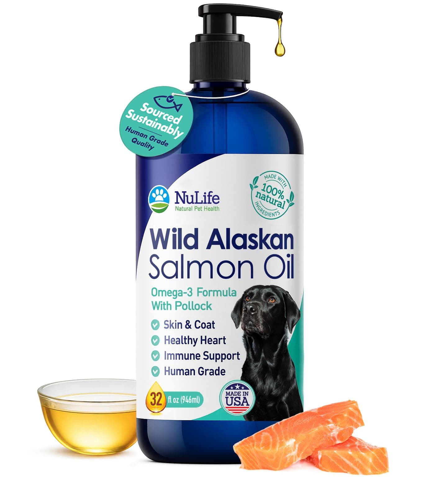 Pure Wild Alaskan Salmon Oil for Dogs - Omega 3 Formula - Dog Fish Oil Liquid - Skin and Coat Supplement for Shedding - Dry Itchy Skin and Allergies - EPA + DHA Fatty Acids - 32 oz Pump Bottle