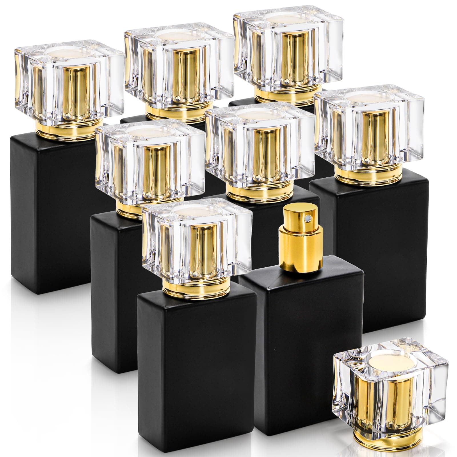 Foraineam 8 Pack 30ml / 1 oz. Black Refillable Perfume Bottles, Portable Square Empty Glass Perfume Atomizer Bottle with Spray Applicator, Black