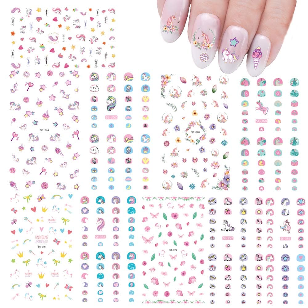 Nail Art Stickers for Kids Nail Decals Accessories Unicorn Water Transfers Butterfly Star Heart Nail Polish Wraps for Little Girls Fingernail Decor 500+ Patterns DIY Cute Fashion Multiple Large Sheets