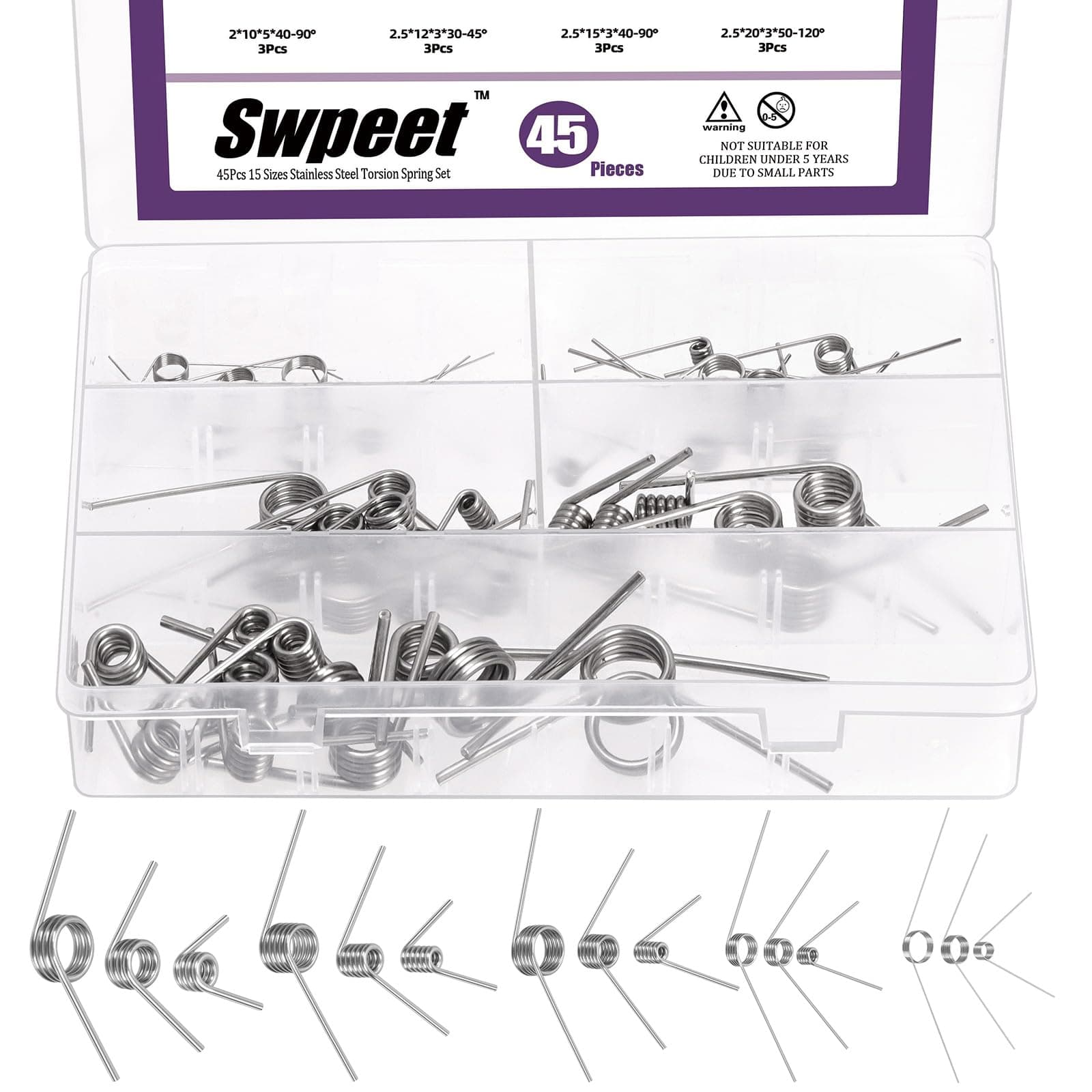 Swpeet 45Pcs 15 Sizes 45/90/120 Degree Stainless Steel Torsional Springs Assortment Kit, Mechanical Small Torsion Spring for Home Repair Woodworking DIY Project