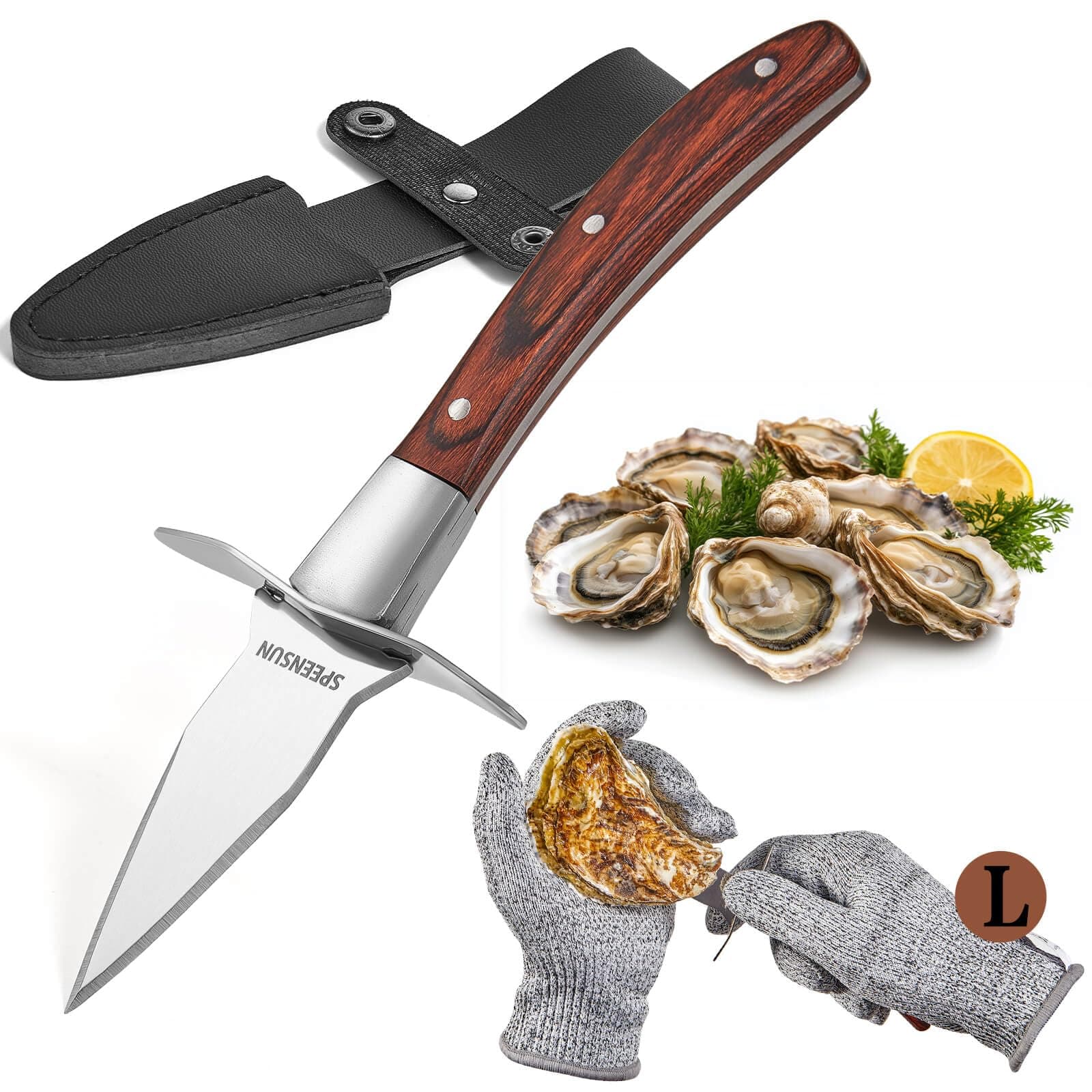 Oyster Shucking Knife,Sturdy Sharpness Oyster Shucking Kit with Comfort Wood-handle,Oyster Knife and Glove Set with 5-leve Protection Cut-resistant Glove (L), with Leather Case Prevents Damaged