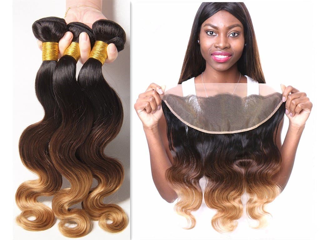 Ombre Color 1B 4 27 Brazilian Virgin Hair Body Wave 13x4 Lace Frontal Closure With 3 Bundles Human Hair Weft Extensions -12 12 14+10inch