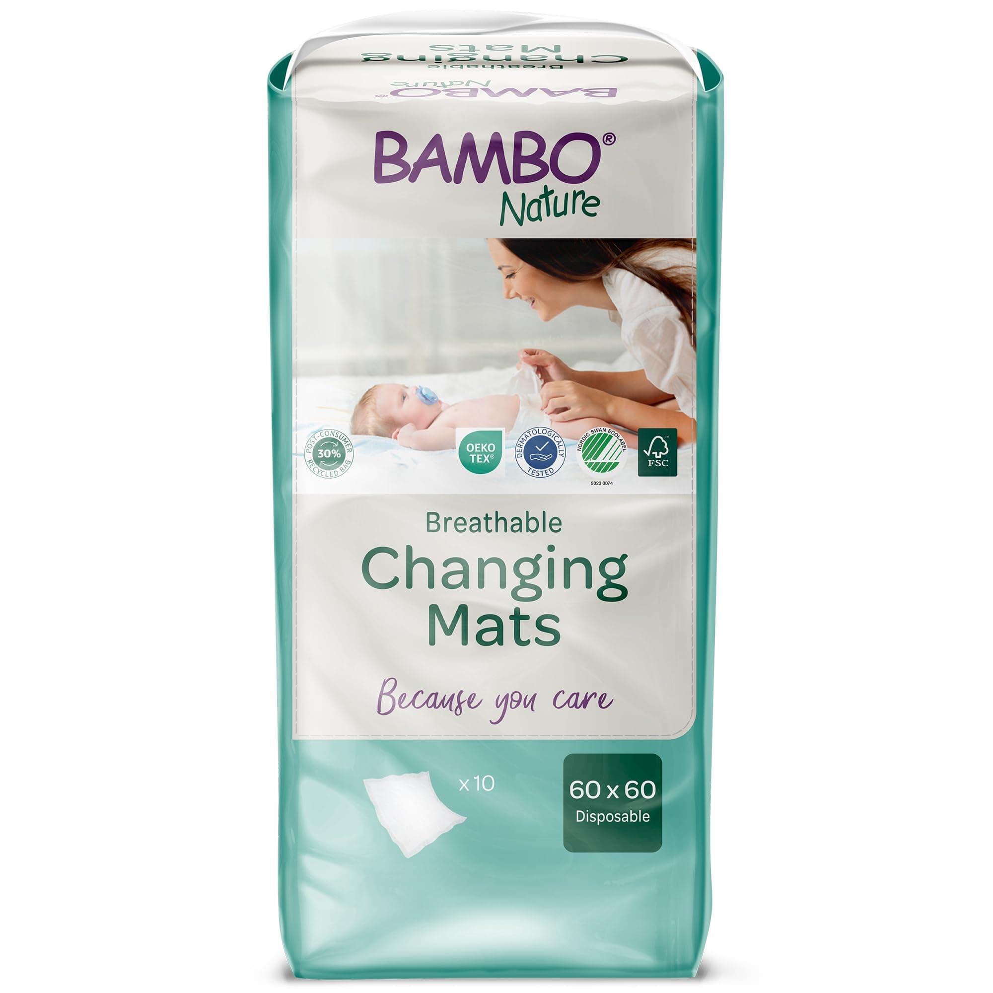 Bambo Nature Baby Disposable Changing Mats, Ultra Soft For Comfort, Ultra Absorbent, Bed Wetting Leakage Protection, Skin Friendly, Dermatologically Approved, Absorbs Up to 1300ml, 60x60cm, Pack of 10