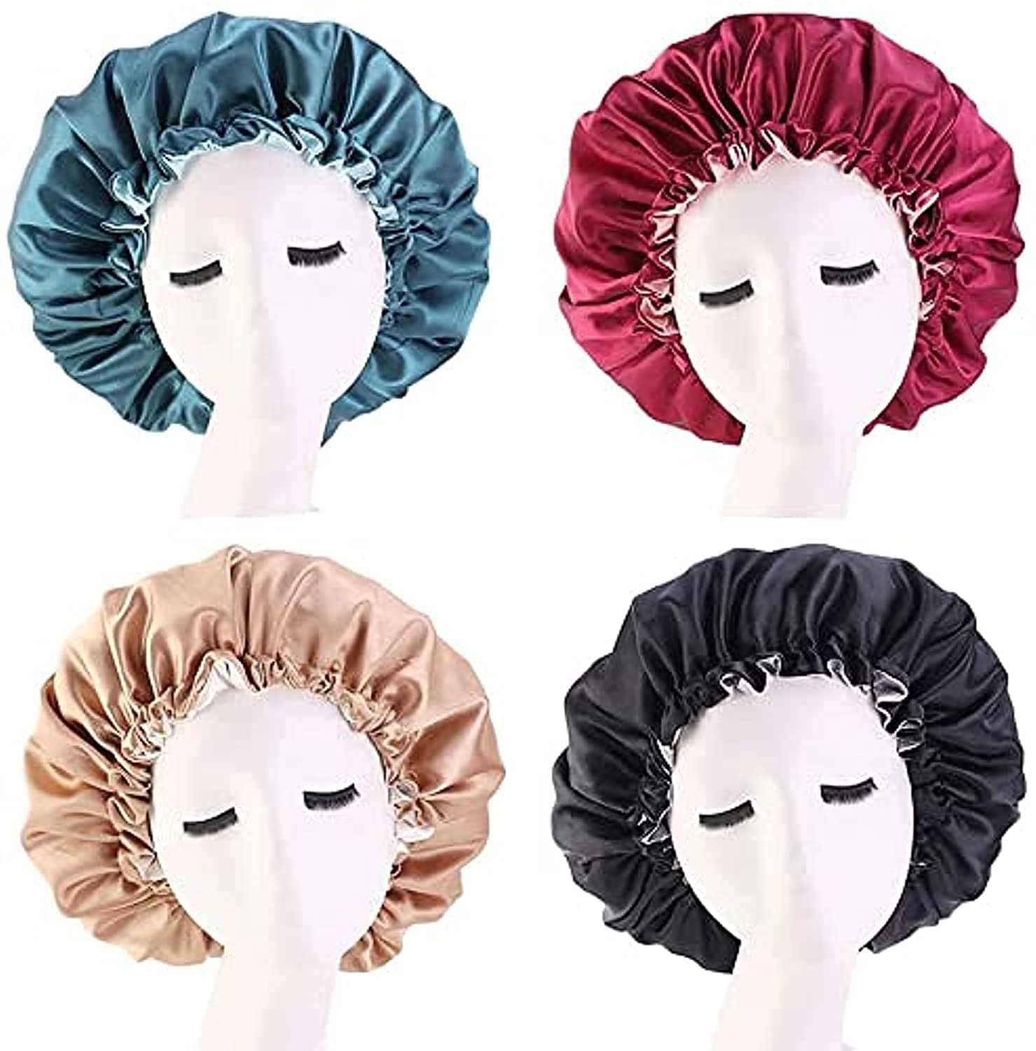 ORiTi 4 PCS Silk Satin Hair Bonnet - Extra Large Double Layer Reversible Adjustable Cap for Natural Curly Hair Sleeping Women