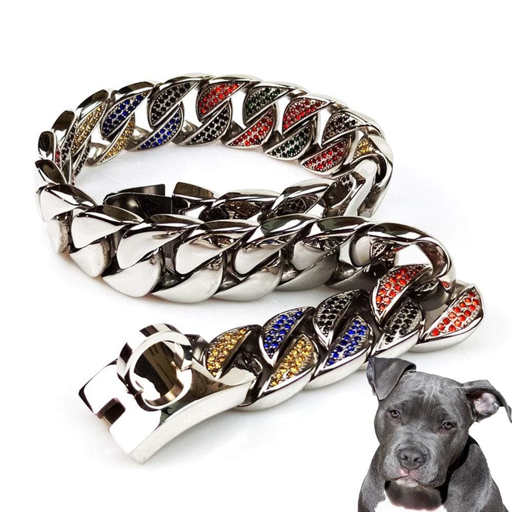UTOPIAY 32mm Dog Choke Collar with Colorful Diamonds, Stainless Steel Hip Hop 316L Choker Cuban Curb Link Necklace Training Collar Dog Chain Collar for Bully Pitbull, Mastiff, Big Breeds,75cm