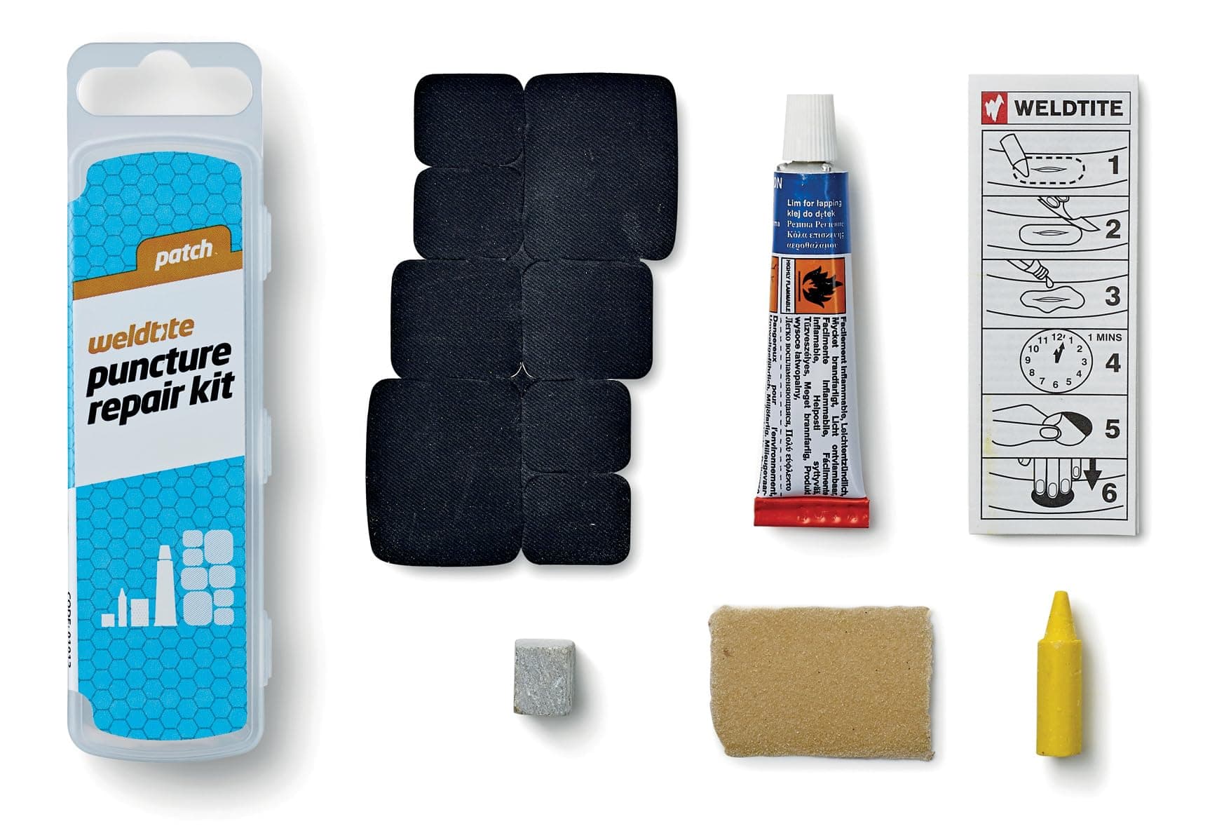 WELDTITE Puncture Repair Kit for Bike Tyre Inner Tubes - Comprehensive & Easy to Use - Includes 8 Rubber Patches, 5 g Solution, Sandpaper, Chalk & Crayon