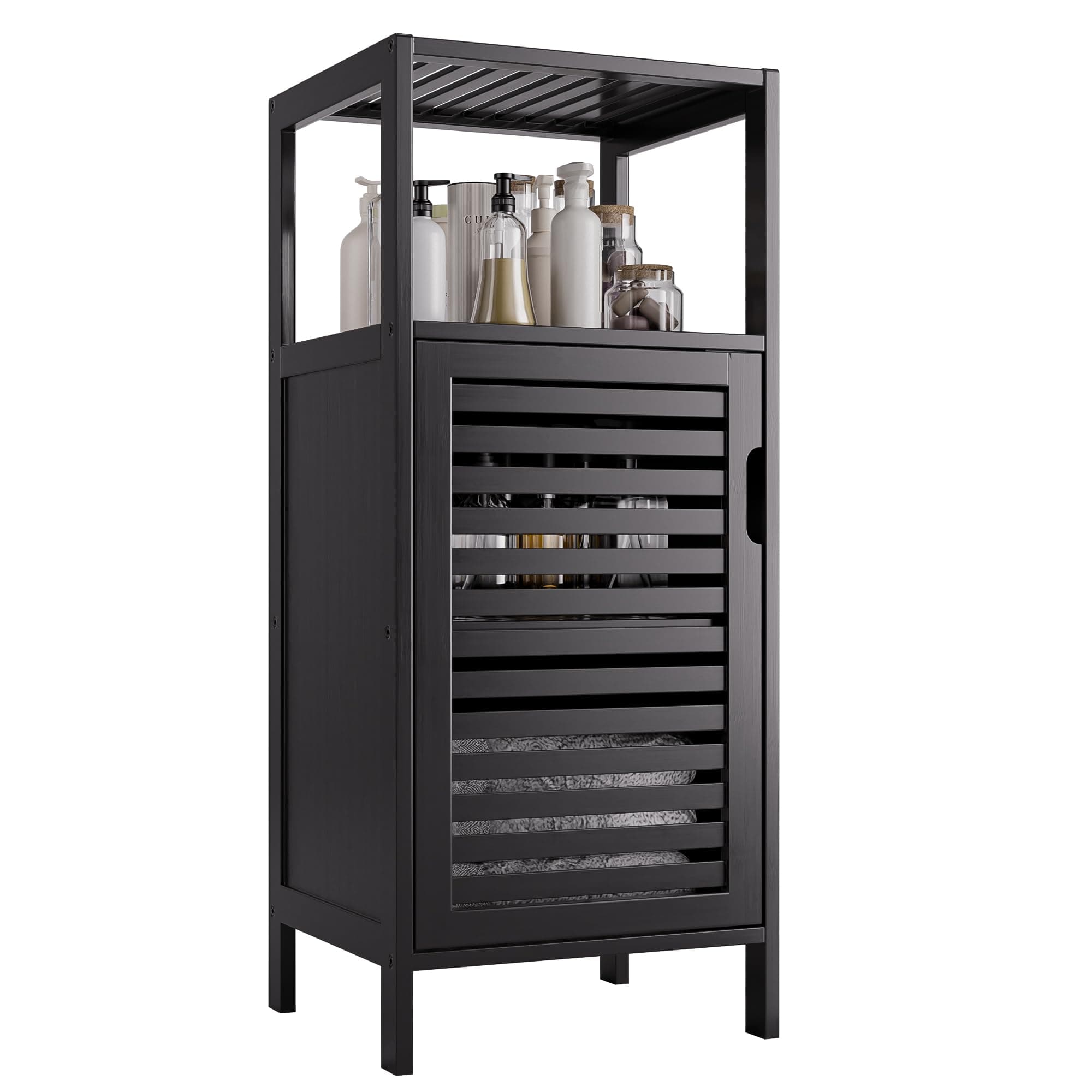 HITNET Bamboo Floor Cabinet, Small Bathroom Cabinet Floor Standing, 4 Tier Narrow Side Storage Cabinet, Space Saving Kitchen Cupboard with Single Door, Black