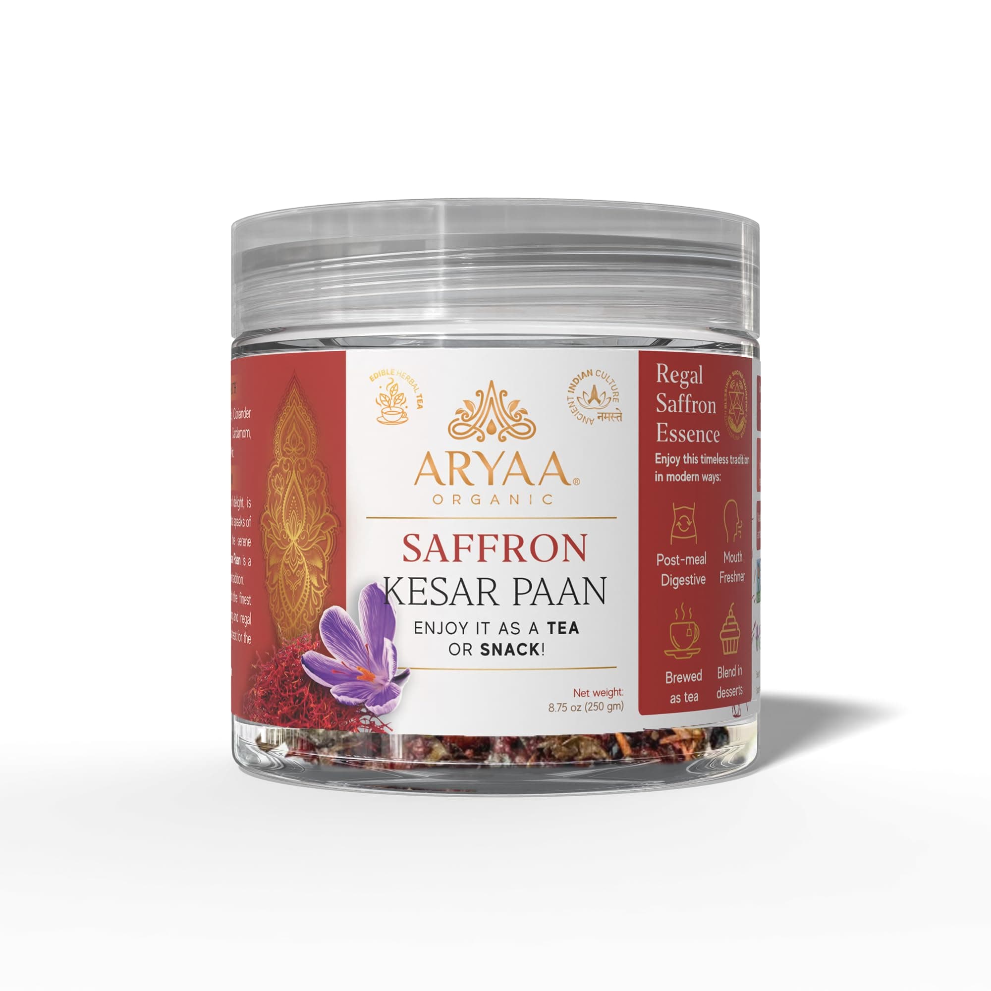 Aryaa Organic Saffron Kesar Paan | 8.75oz (250g) | Ayurvedic Digestive, Mouth Freshener & Herbal Tea | Vegan, Gluten-Free, Non-GMO