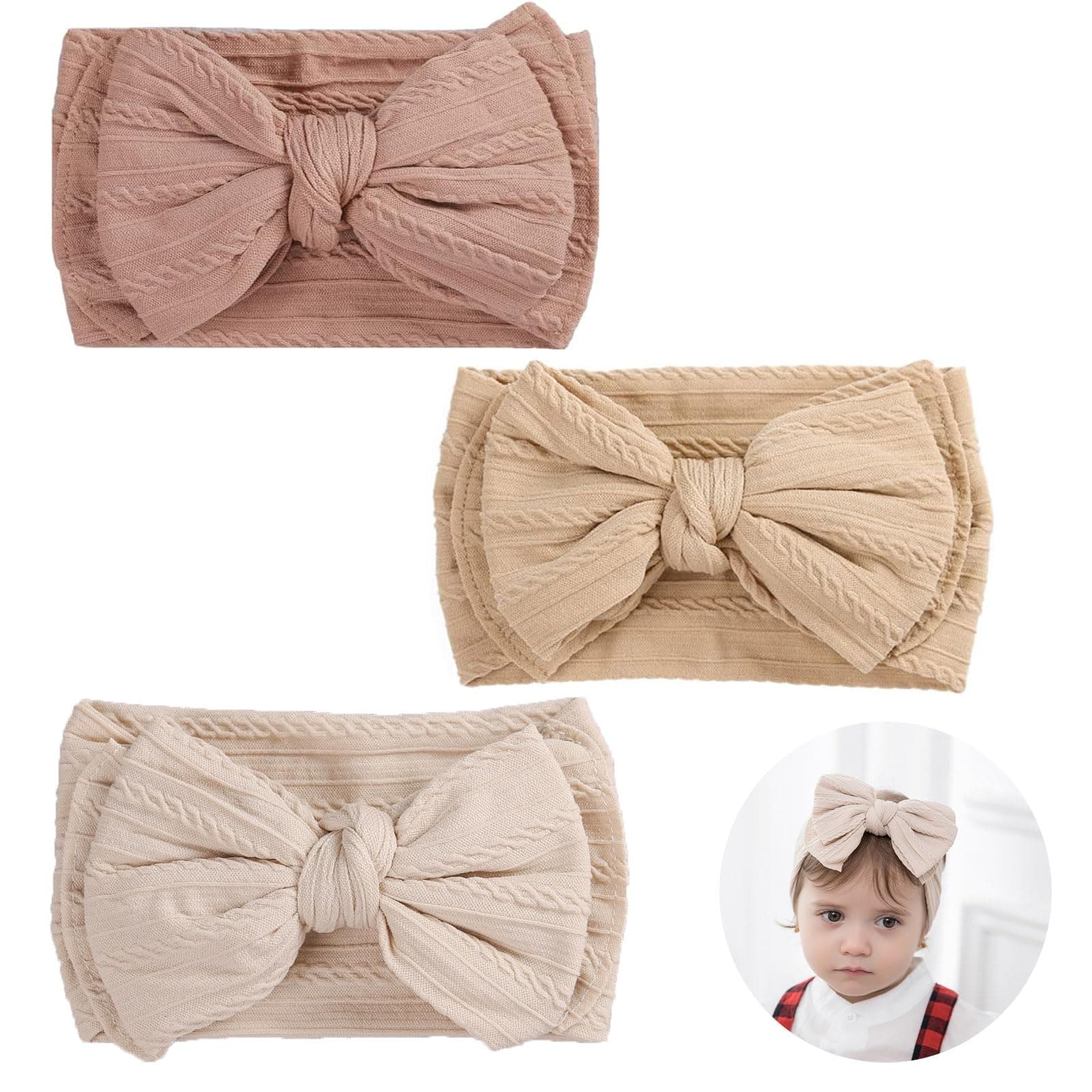 3PCS Baby Headband, Baby Turban Headbands, Baby Girl Bows, Stretchy Soft Wide Baby Turban Headbands Newborn Girls Boys Kids Gift as Toddler Headdress Photography Props Accessories