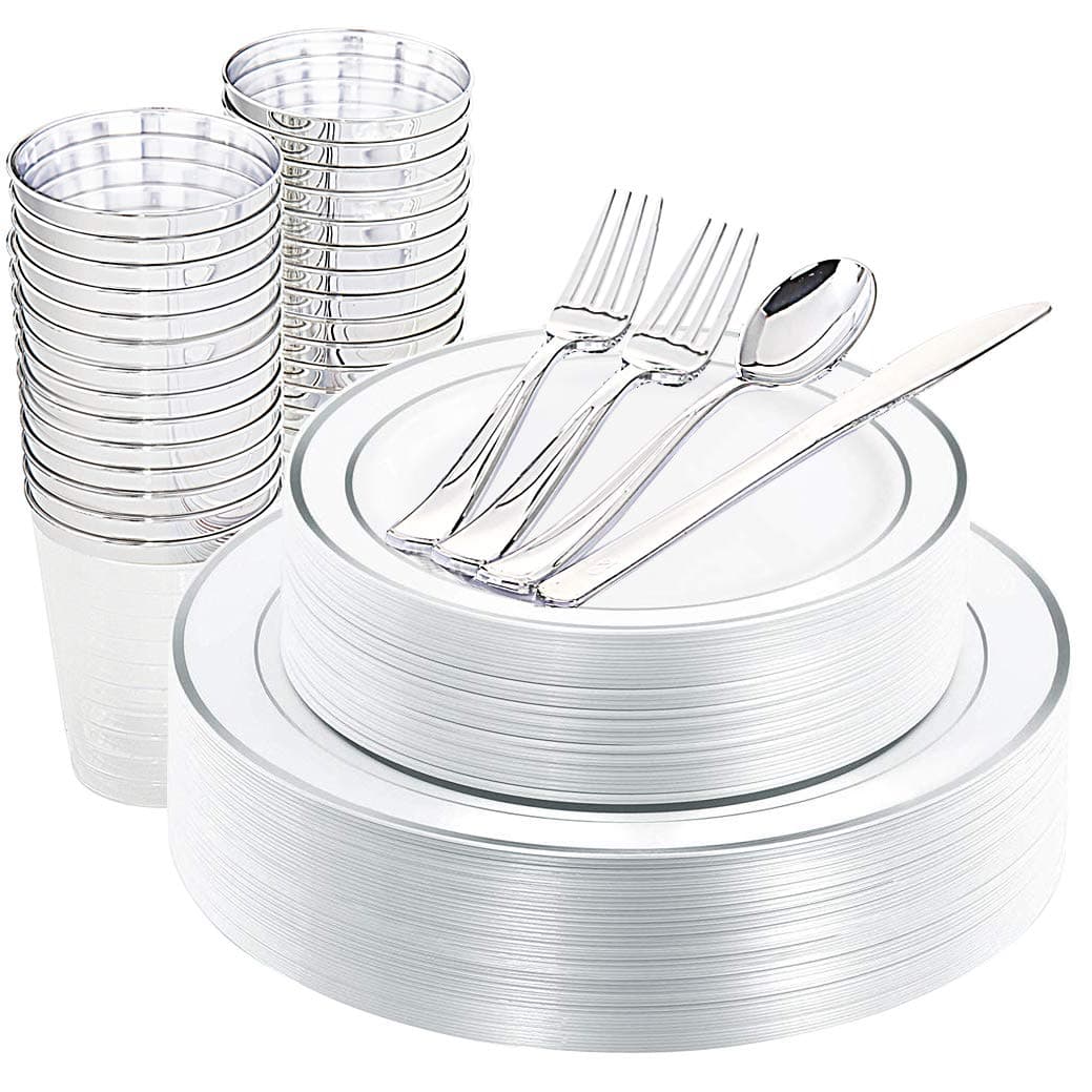 DaYammi 175pcs Silver Disposable Plastic Plates&Cutlery 25 of each: Dinner Plates/Salad Plates/Knives/Spoons/Cups+ 50 Plastic Forks. Thanksgiving, Wedding, Party Decoration Favors