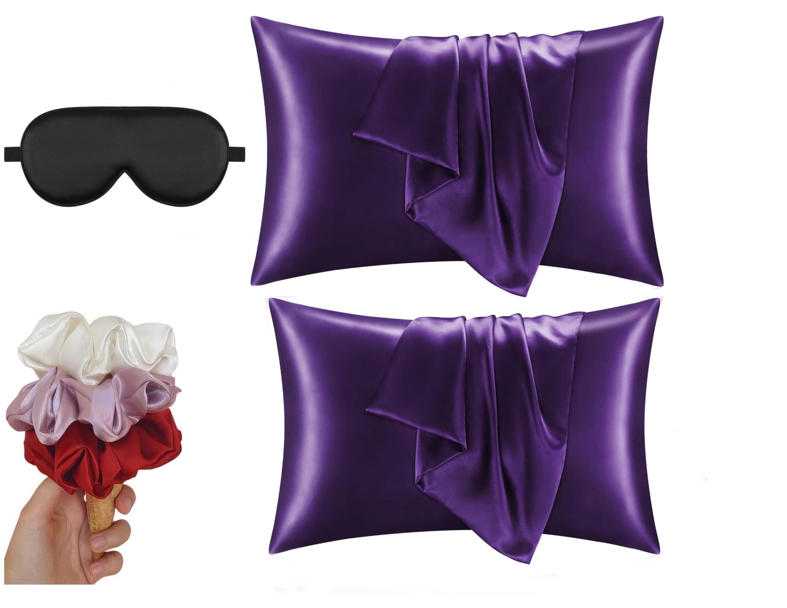 Armoxa Satin Pillowcase Set (2 Pack) with 3 Free Scrunchies for Women's Hairstyles & 1 Sleeping Eye Mask (Couples Set)
