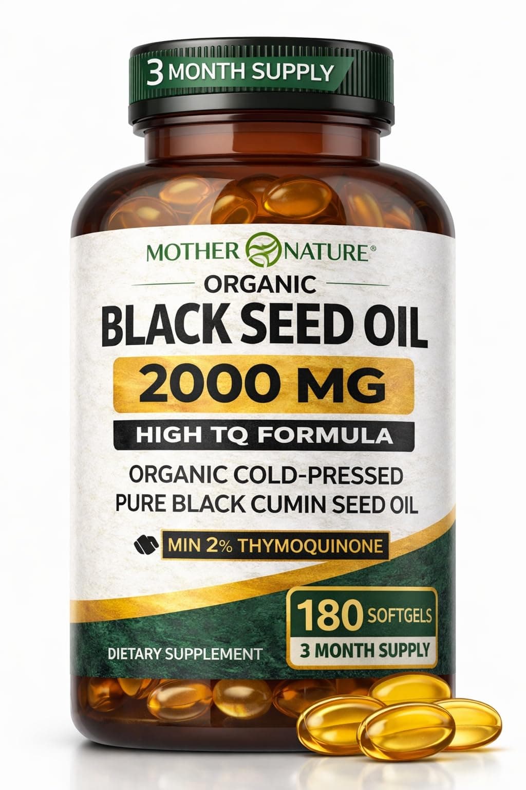 Black Seed Oil Capsules 2000mg Per Serving, Organic Cold Pressed Black Cumin, High TQ, Immune & Joint Support, 180 Count (3 Month Supply)