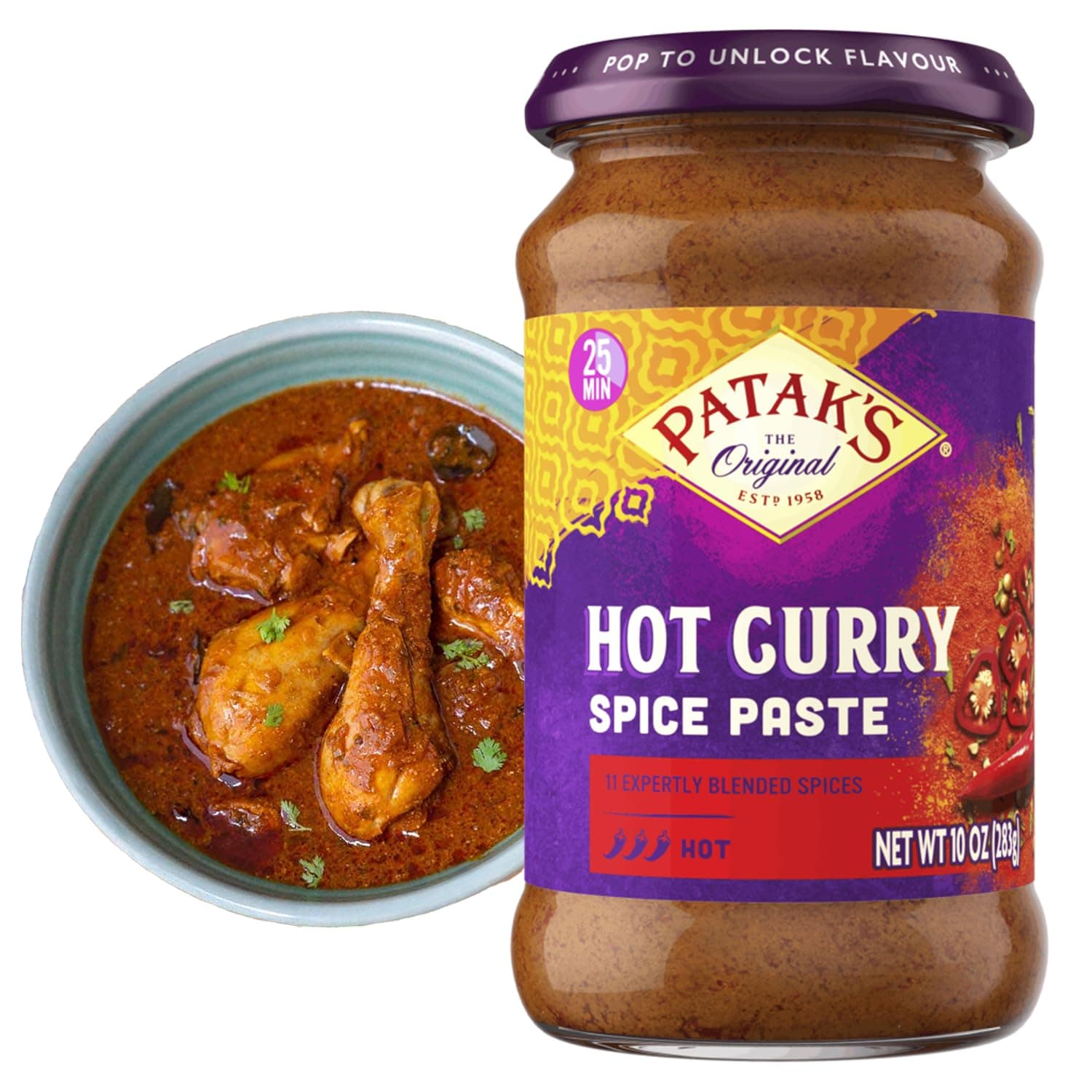 Patak’s Hot Curry Spice Paste - Hot Indian Cooking Paste with Freshly Ground Spices - Ideal for Chicken, Vegetables, and One-Pot Meals - Spicy Curry Base - 10oz Jar (Pack of 1)