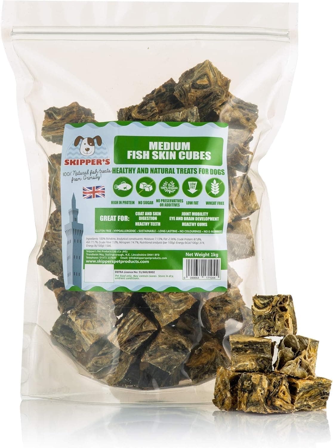 Dried Fish For Dogs - Whitefish Skin Jerky Cubes Dog Treats 100% Natural, Healthy, Grain Free & Low Fat - BULK VALUE (Cube Size Medium, 1kg Pack)