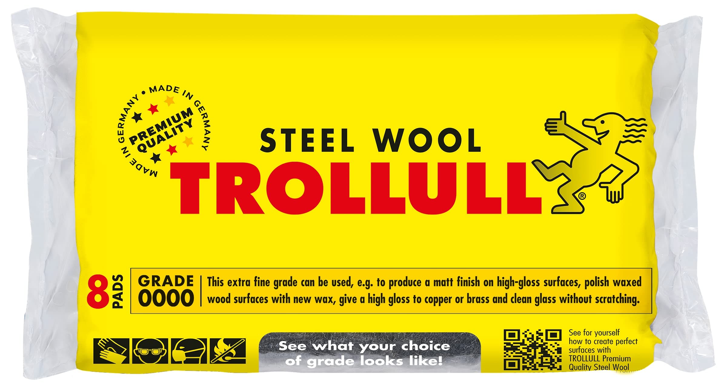 Steel Wool | Wire Wool extra-fine 0000 polishes waxed wood, copper, brass, and matt surfaces, cleans glass, 8 pads 200g