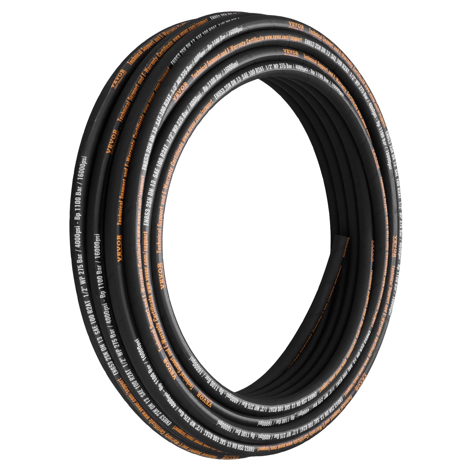 VEVOR Hydraulic Hose 1/2 inch x 100 ft Coiled 4000 PSI, Rubber 2 High-Tensile Steel Wire Braid, Bulk Hose-20℃ to 140 Oil Flexible, Black