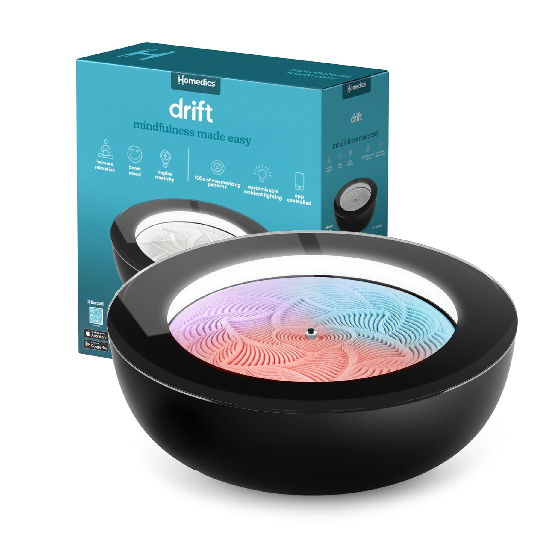 Drift Sandscape, Kinetic Sand, Perpetual Motion Machine, Zen Garden, Meditation Accessories, Decorative Sandscape, Bluetooth, iOS, Android, by Homedics (16 Inch (Small), Black)