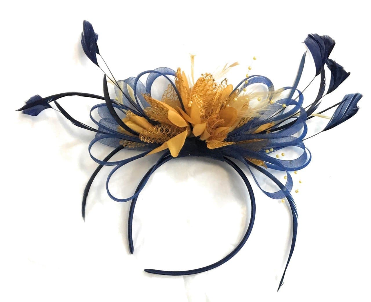 Navy Blue & Mustard Yellow Fascinator on Headband AliceBand UK Wedding Ascot Races Loop